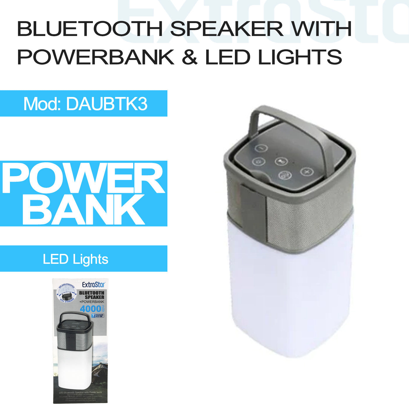 ExtraStar Bluetooth Speaker with Powerbank and LED Light, Model: DAUBTK3
