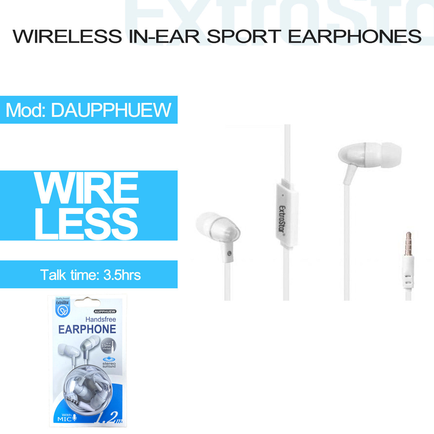 ExtraStar 3.5 mm Jack In Ear Stereo Headphones with Built-in Mic, White, Model: DAUPPHUEW