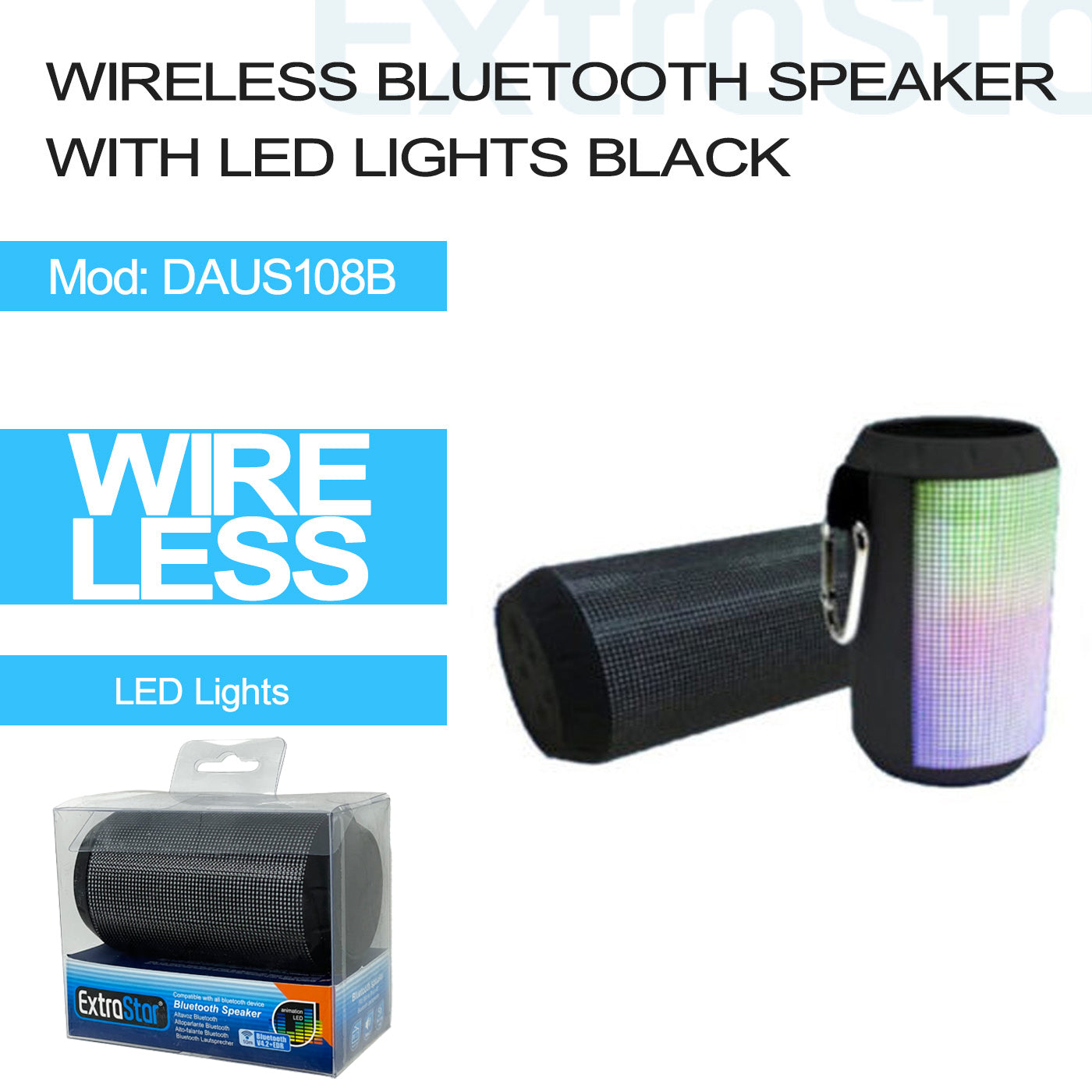 ExtraStar Wireless Bluetooth Speaker with LED Lights (Black) Model: DAUS108B