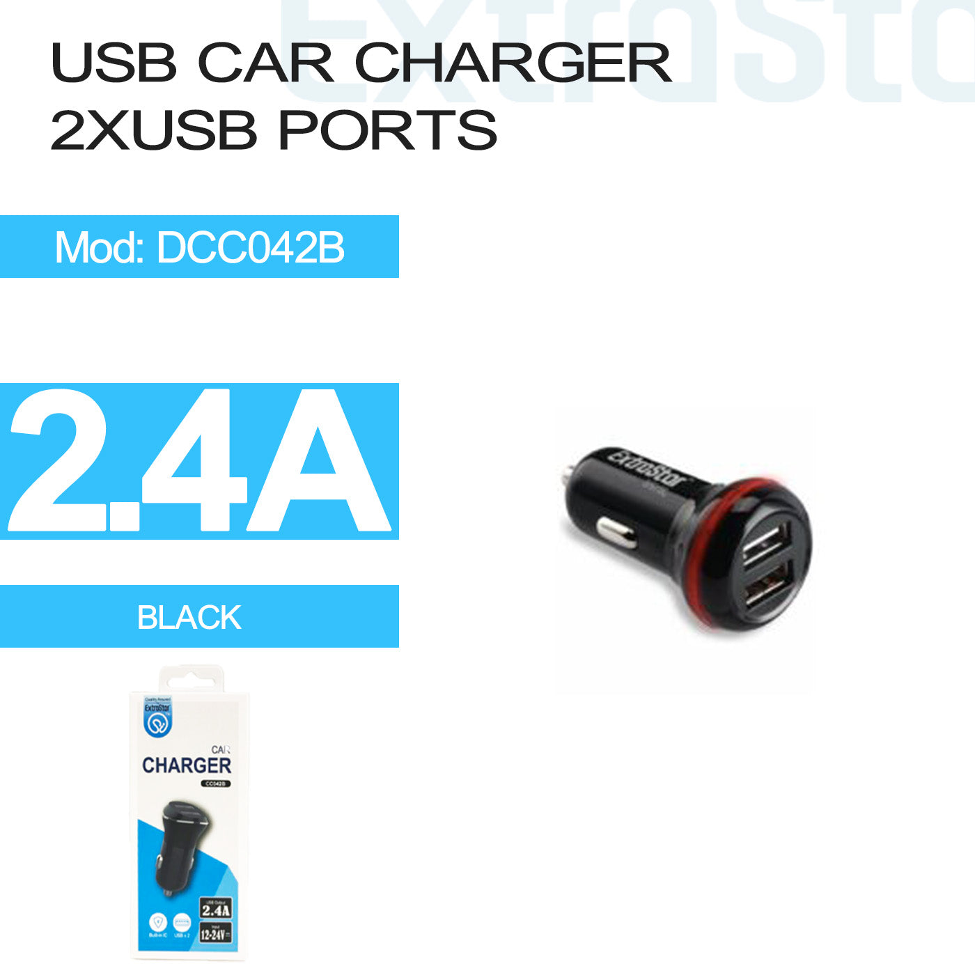 ExtraStar USB Car Charger 2.4A, 2x USB port, Black, Model: DCC042B