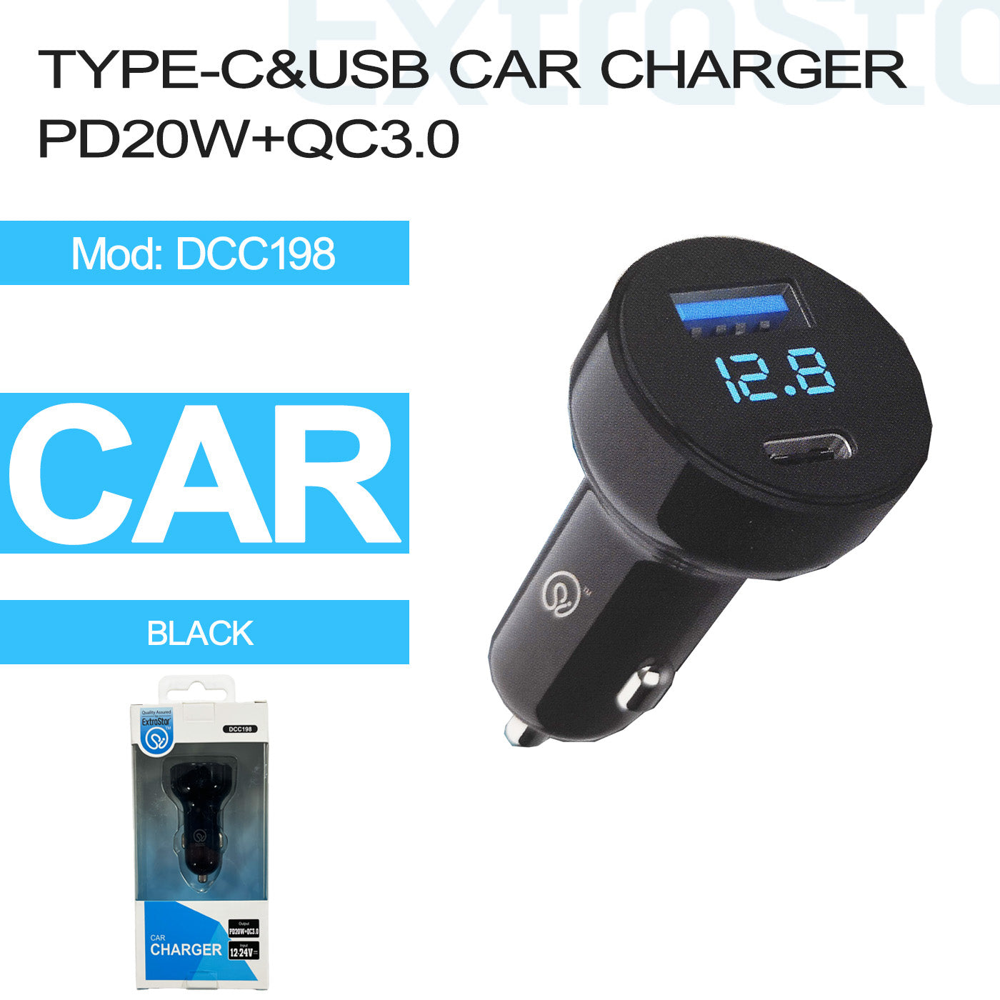 ExtraStar Type C + USB Car Charger PD20W +QC3.0, Model: DCC198