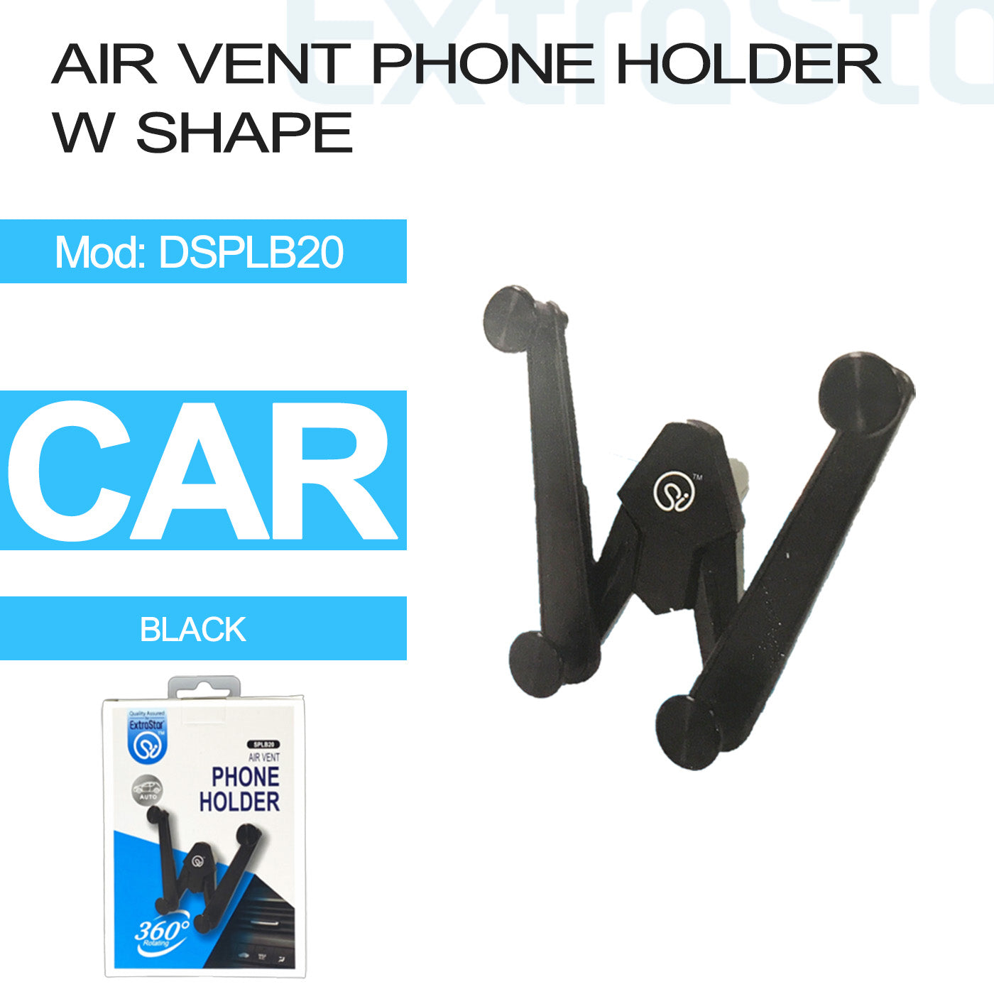 ExtraStar Air Vent Universal Phone Holder, W Shape, Black, Model: DSPLB20