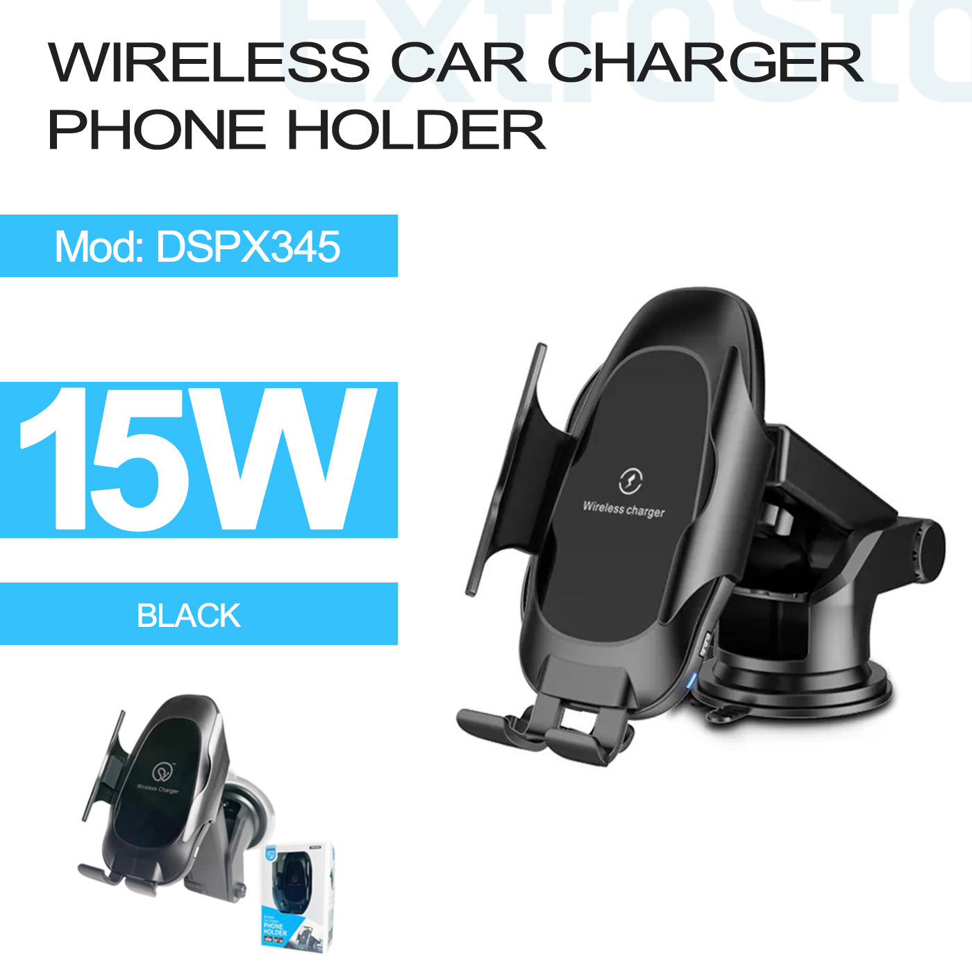 ExtraStar Wireless Car Charger Phone Holder, Black, Model: DSPX345