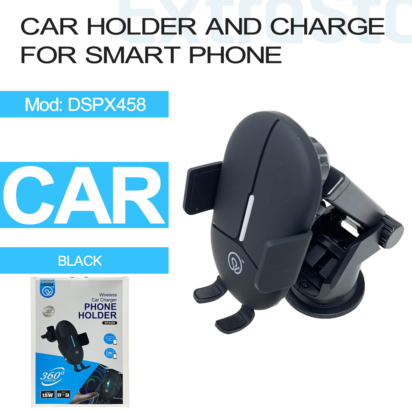 ExtraStar Wireless Car Charger Phone Holder, Black, Model: DSPX458