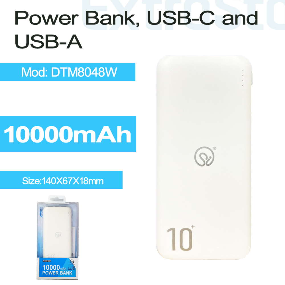 ExtraStar Power Bank 10000mAh, USB-C and USB-A White, Model: DTM8048W