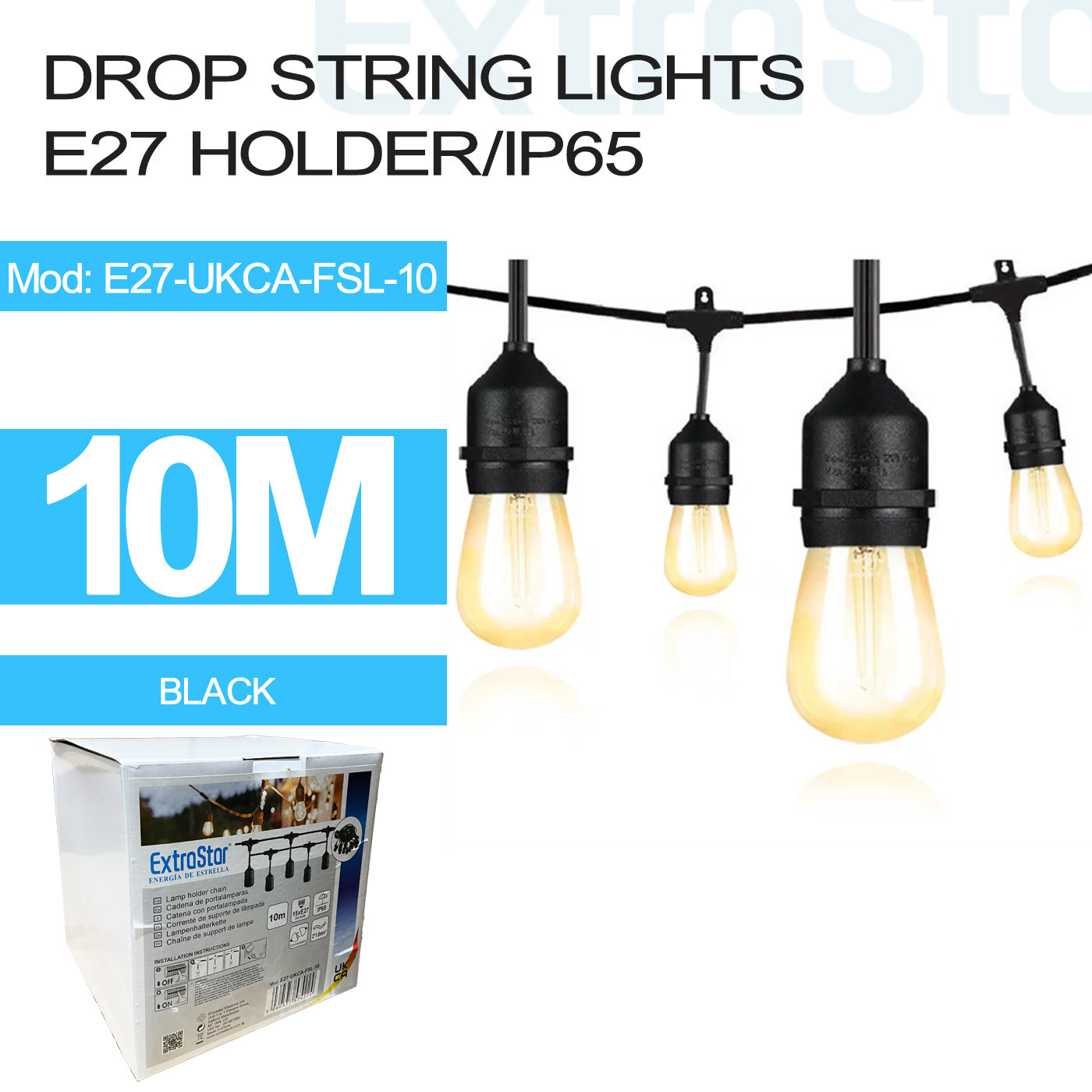 ExtraStar 10M Drop String Lights with 15 E27 Holder, IP65, connectable, Black, Model: E27-UKCA-FSL-10