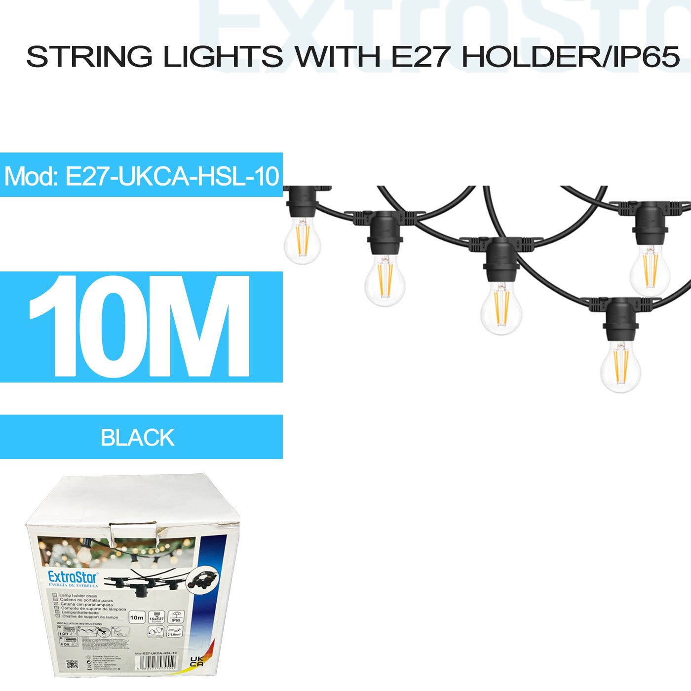 ExtraStar 10M String Lights with 15 E27 Holder, IP65, connectable, Black, Model: E27-UKCA-HSL-10