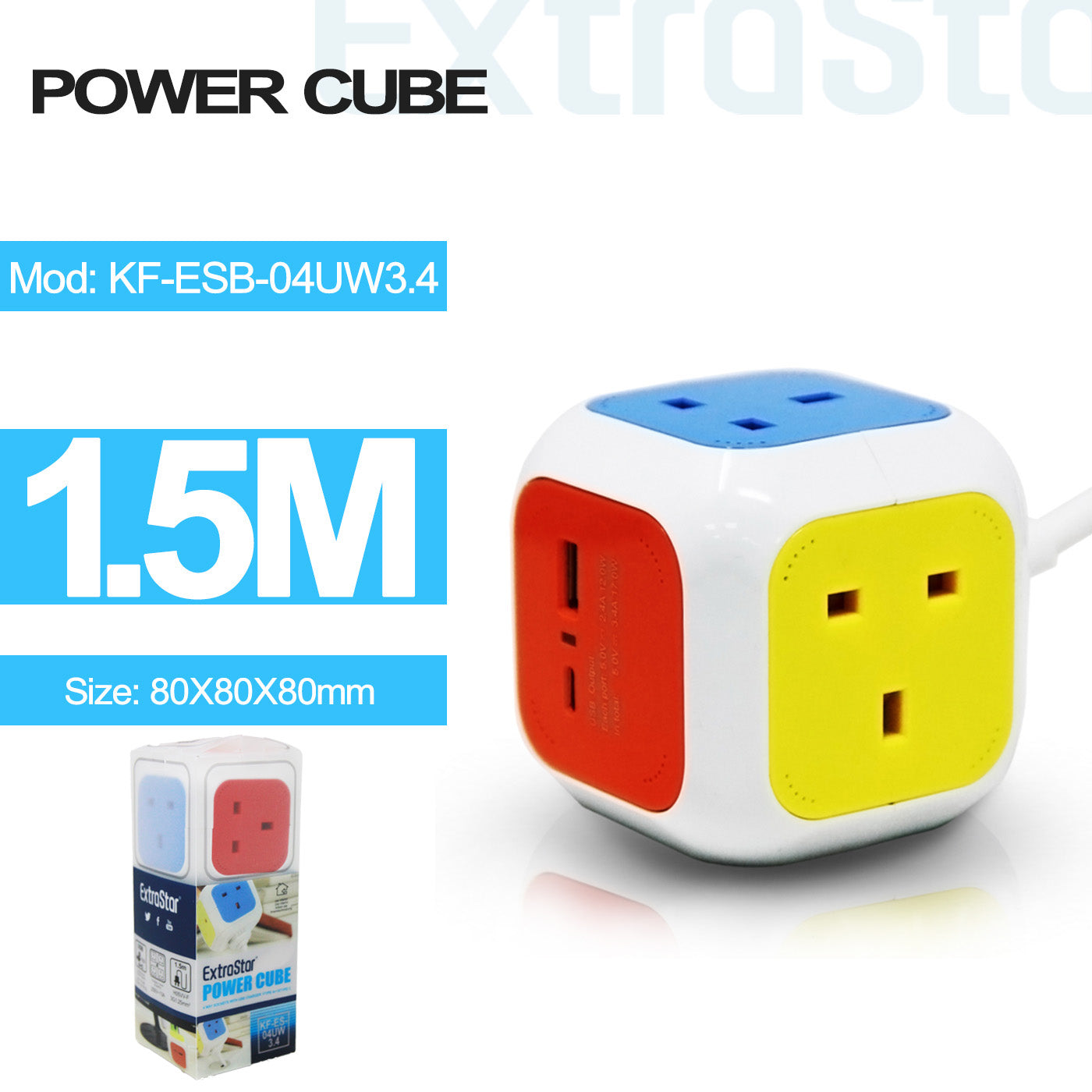 ExtraStar 4 Way Magic Cube Socket with Cable 3G1.25, 1.5M, White and colours, with 1 USB-A and 1 USB-C port, Model: KF-ES-04UW3.4