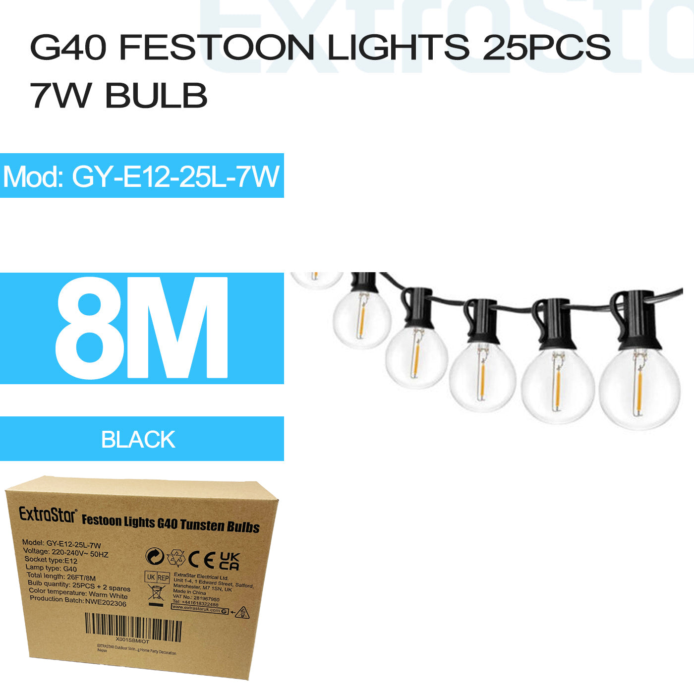 ExtraStar G40 LED Festoon Lights 8M 25PCS 7W Bulb, Model: GY-E12-25L-7W