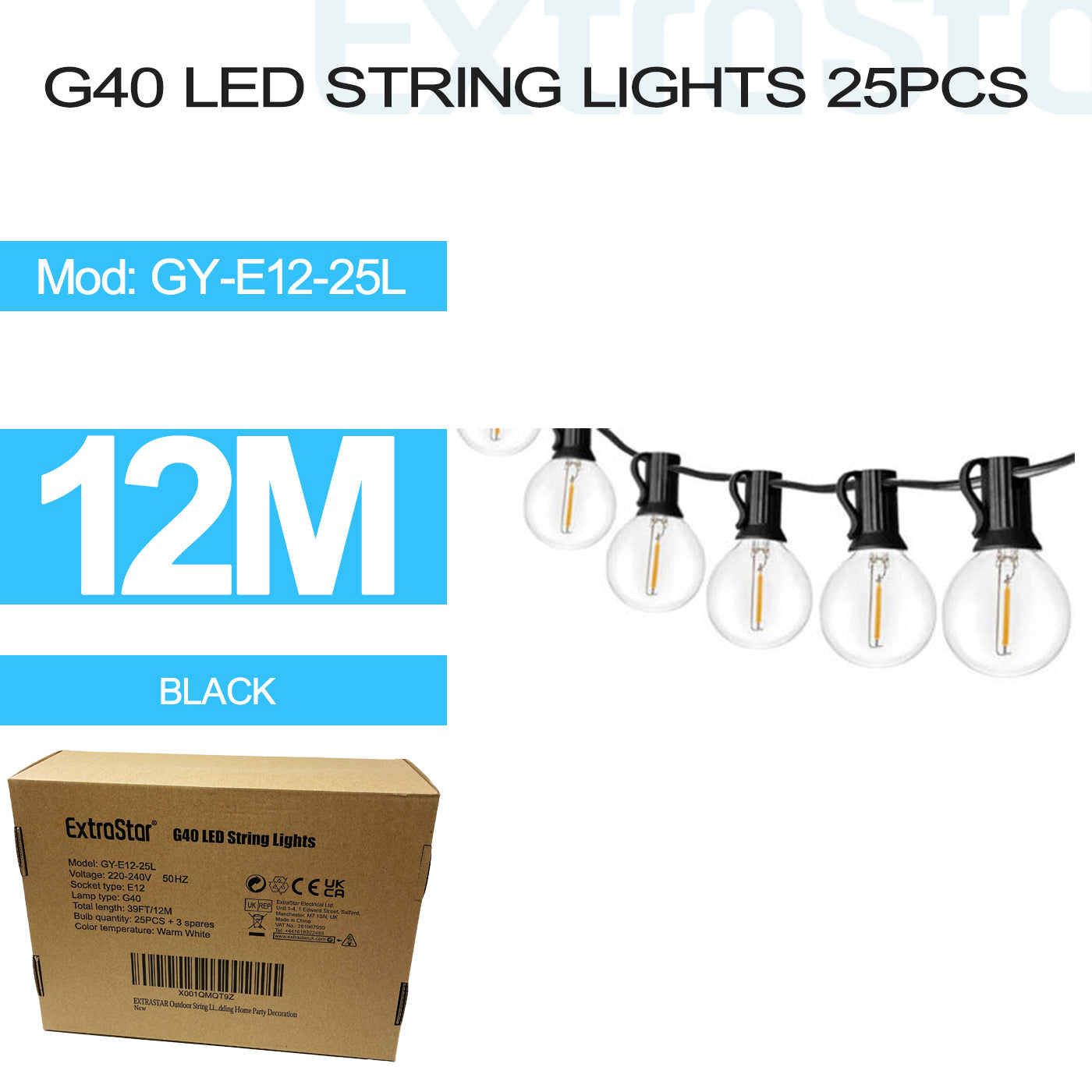 ExtraStar G40 LED String Lights 12M 25PCS, Model: GY-E12-25L