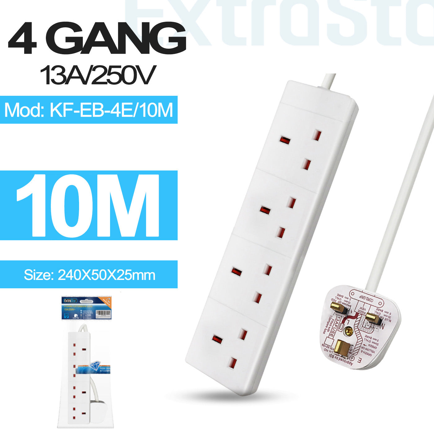 4 Gang Unswitched Extension Lead 10m White ExtraStar