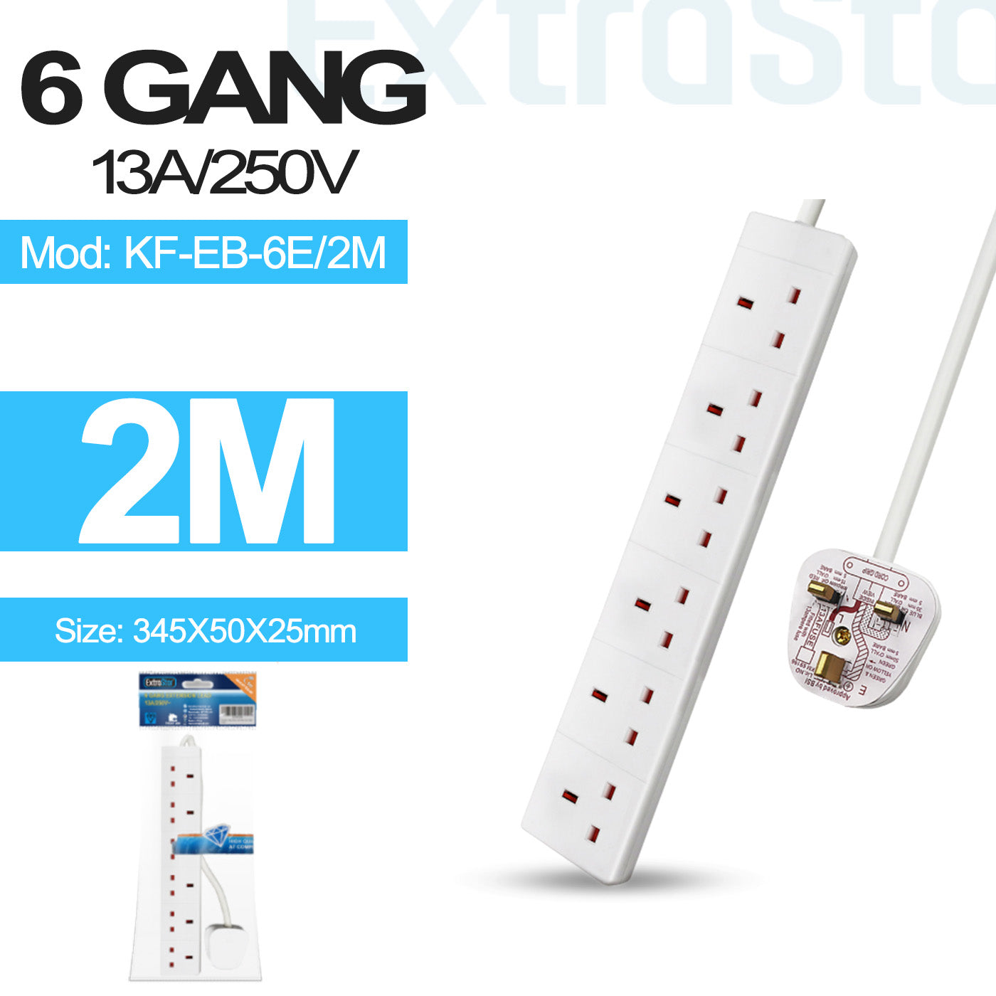 ExtraStar 6 Gang Unswitched Extension Lead 2m White, Model: KF-EB-6E/2M