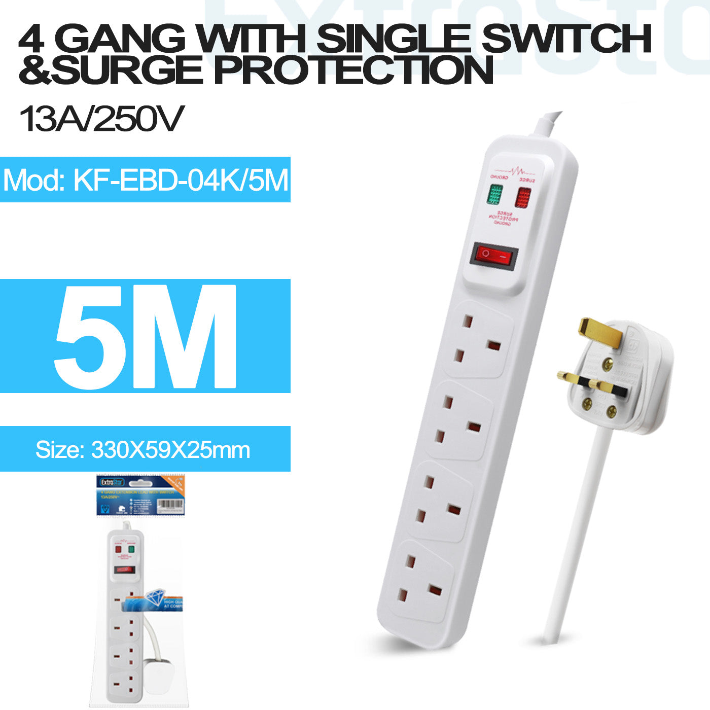 ExtraStar 4 Gang Switched Surge-Protected Extension Lead 5m, Model: KF-EBD-04K/5M