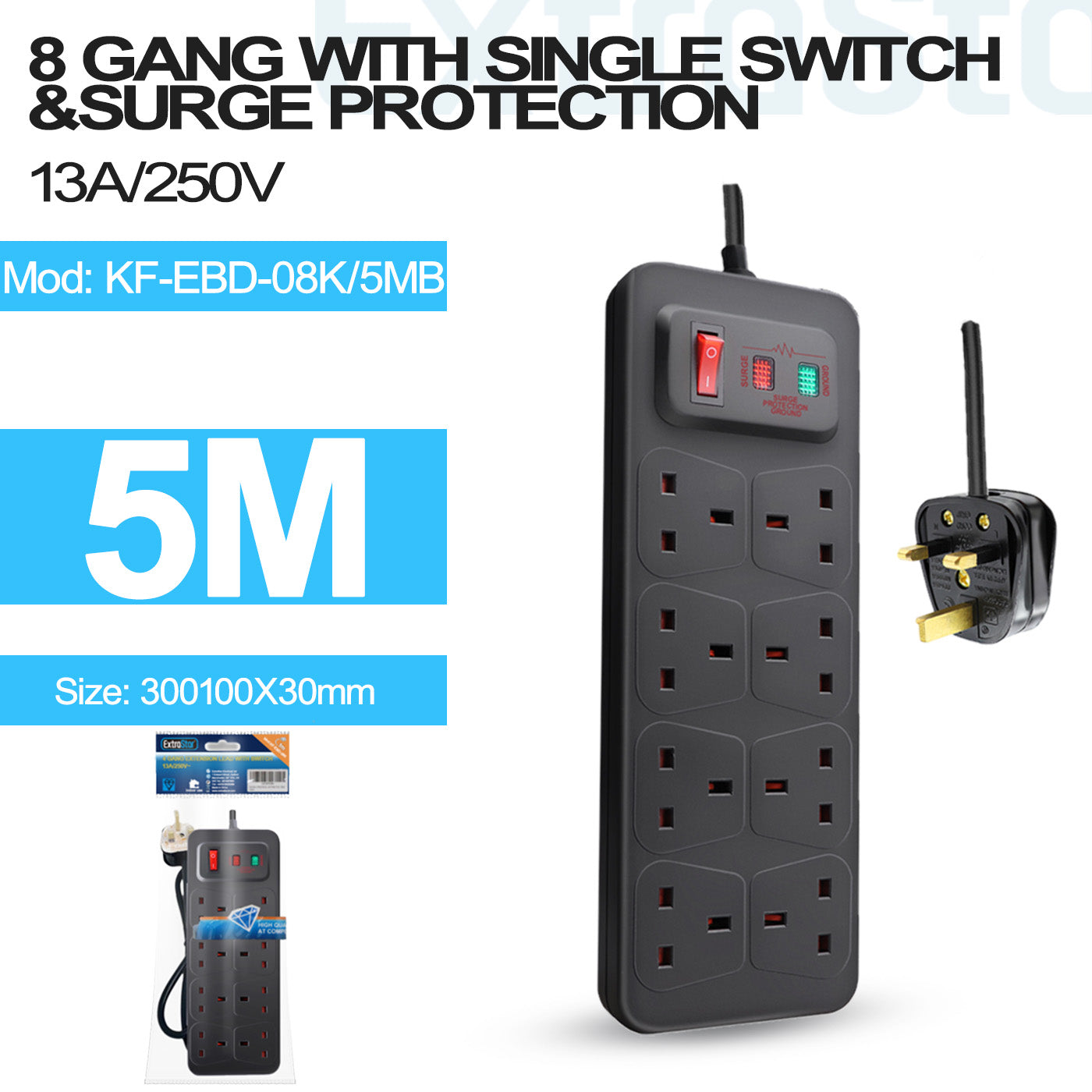 ExtraStar 8 Gang Switched Surge-Protected Extension Lead 5m Black, Model: KF-EBD-08K/5MB