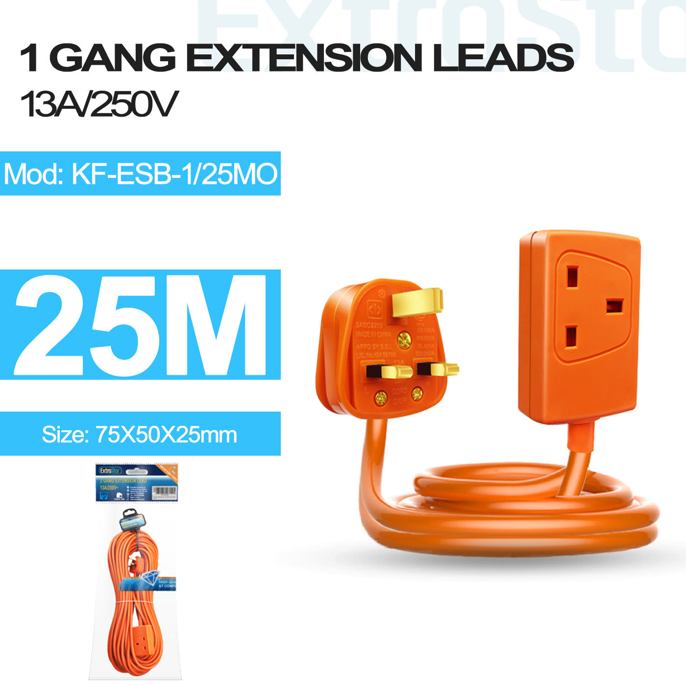 ExtraStar 1 Gang Unswitched Extension Lead 25m Orange, Model: KF-ESB-1/25MO