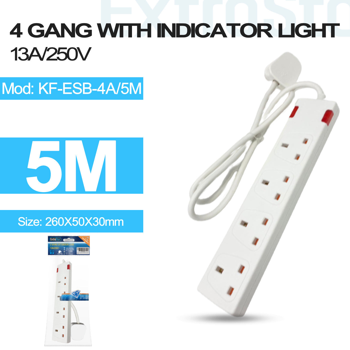 ExtraStar 4 Gang Unswitched Extension Lead 5m White, Model: KF-ESB-4A/5M