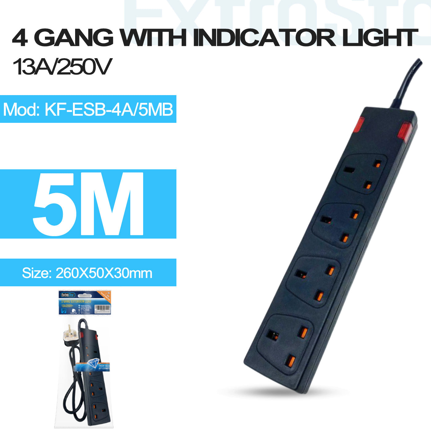 ExtraStar 4 Gang Unswitched Extension Lead 5m Black, Model: KF-ESB-4A/5MB
