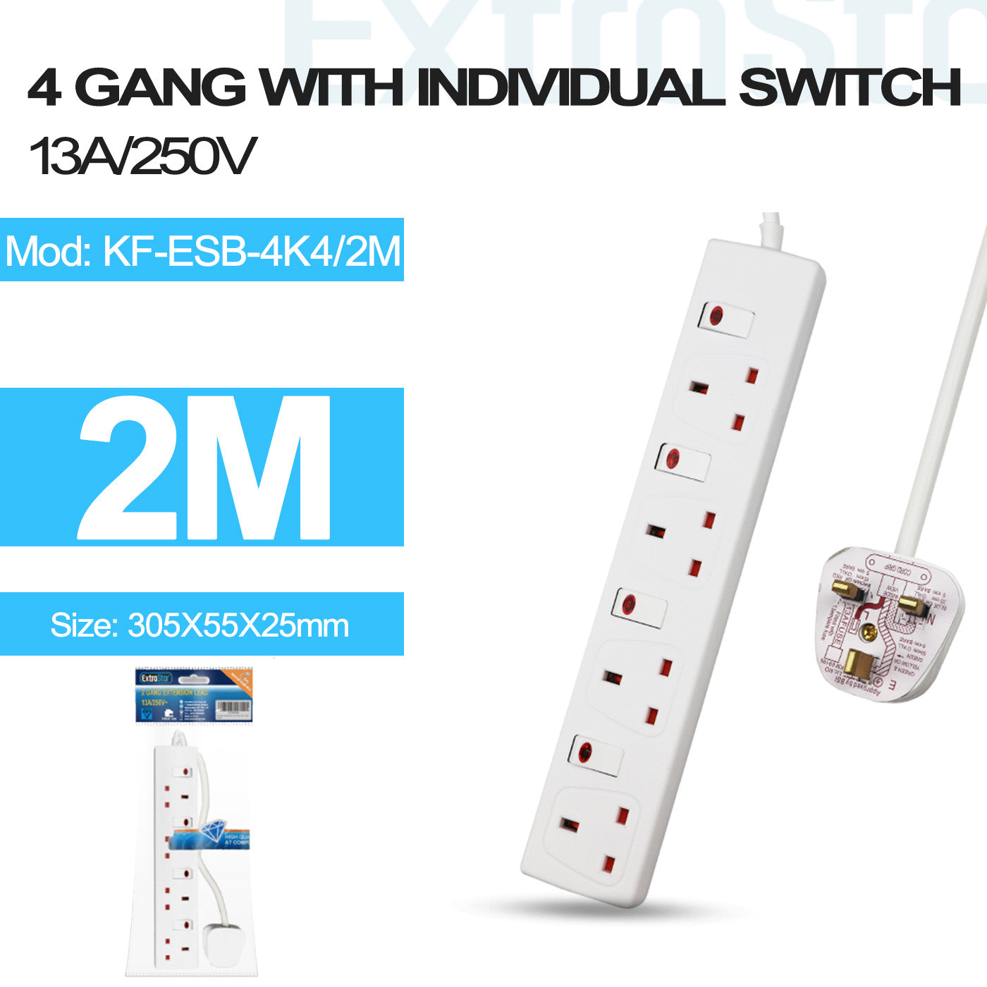 ExtraStar 4 Gang Switched Extension Lead 2m, Model: KF-ESB-4K4/2M