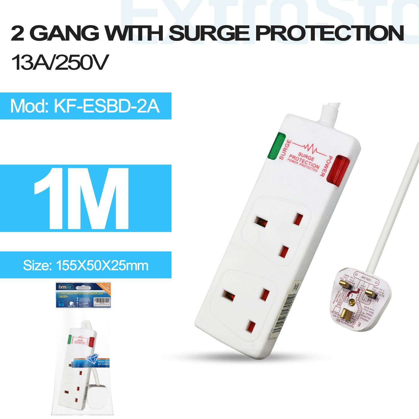 ExtraStar 2 Gang Unswitched Surge-Protected Extension Lead 1m, Model: KF-ESBD-2A