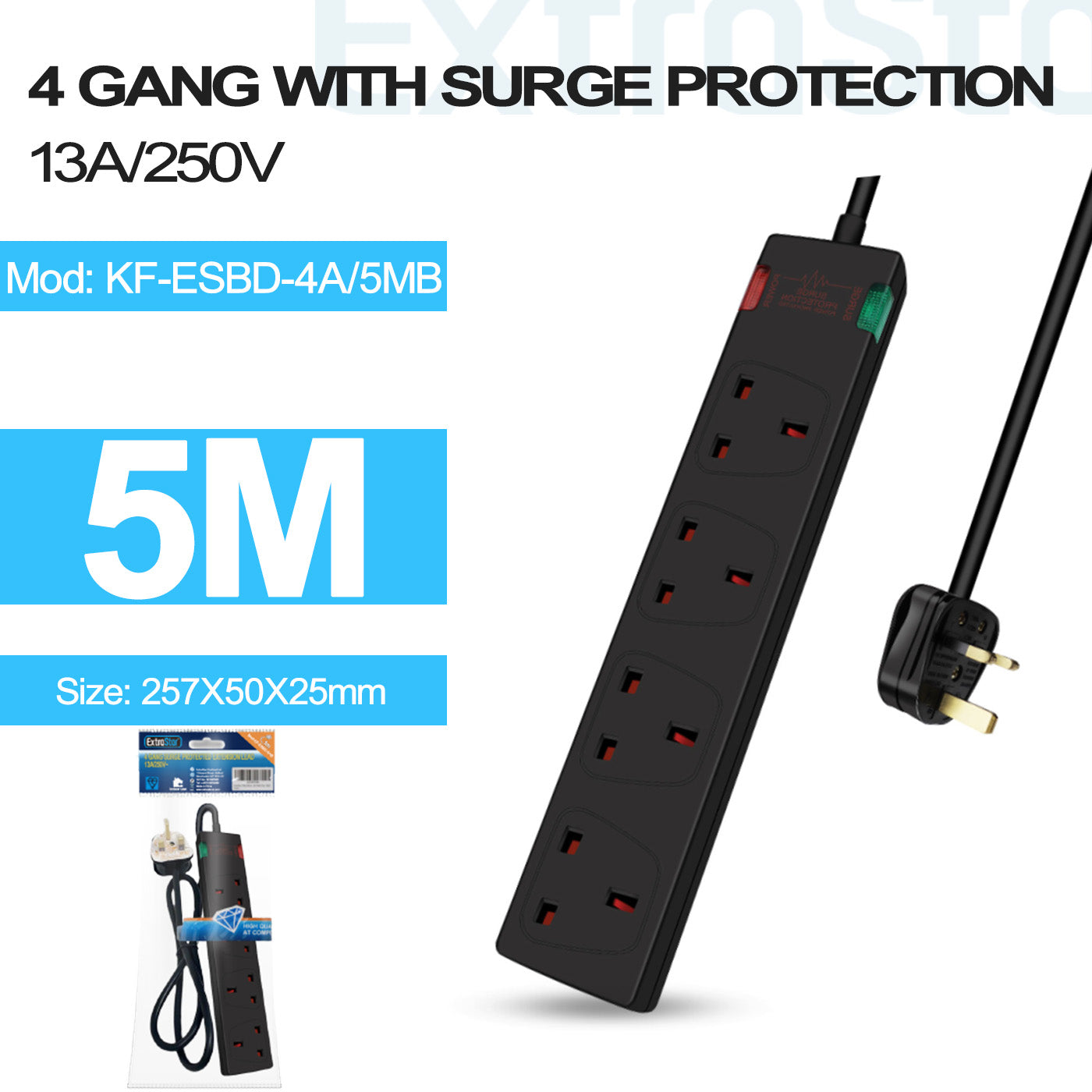 ExtraStar 4 Gang Unswitched Surge-Protected Extension Lead 5m Black, Model: KF-ESBD-4A/5MB