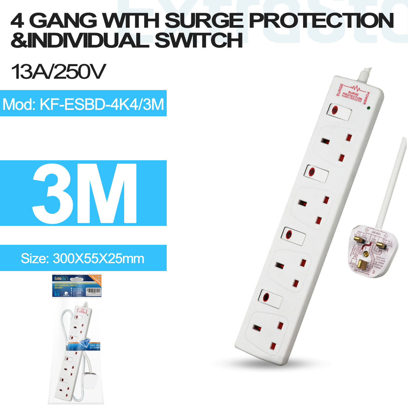 ExtraStar 4 Gang Individually Switched Surge-Protected Extension Lead 3m, Model: KF-ESBD-4K4/3M