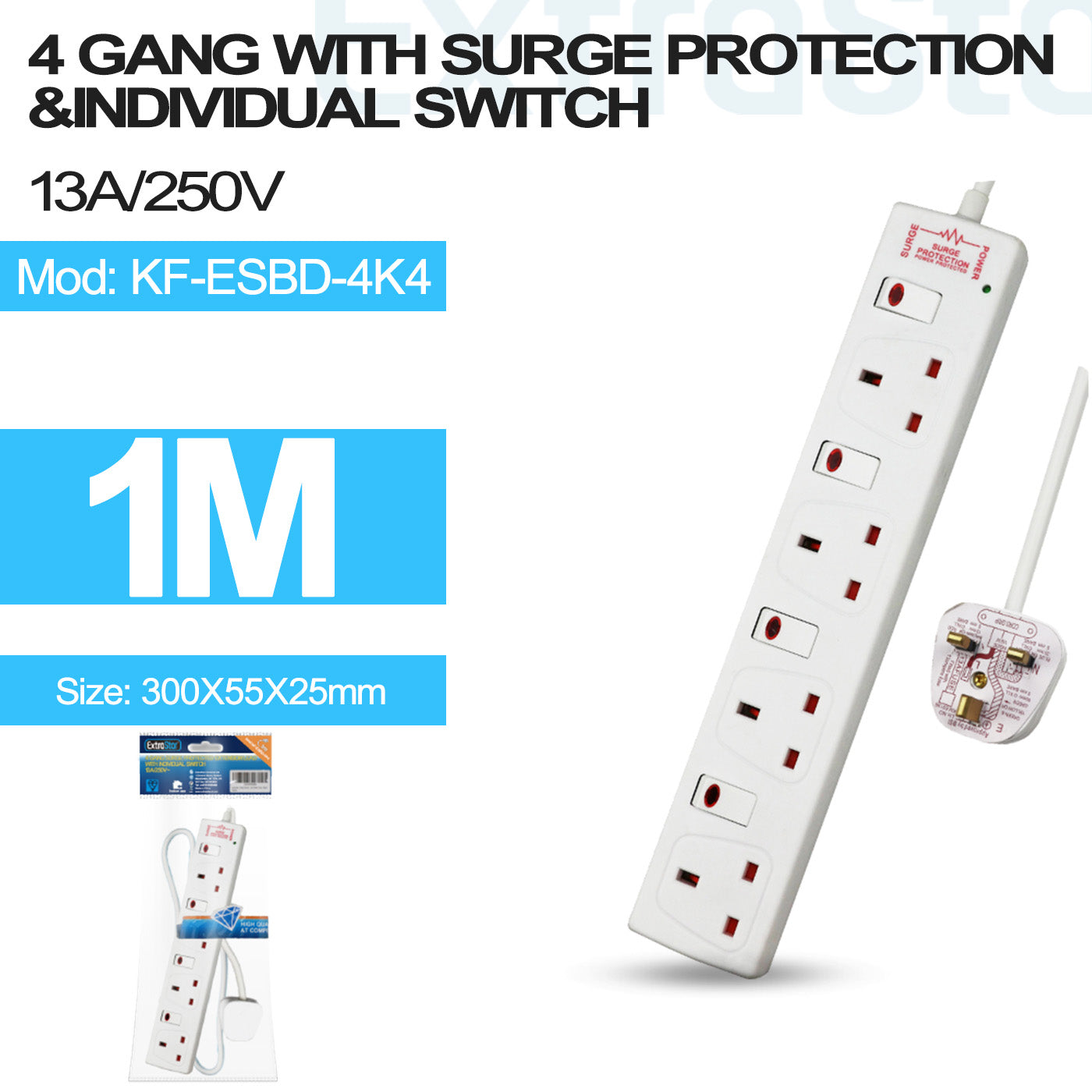 ExtraStar 4 Gang Individually Switched Surge-Protected Extension Lead 1m, Model: KF-ESBD-4K4