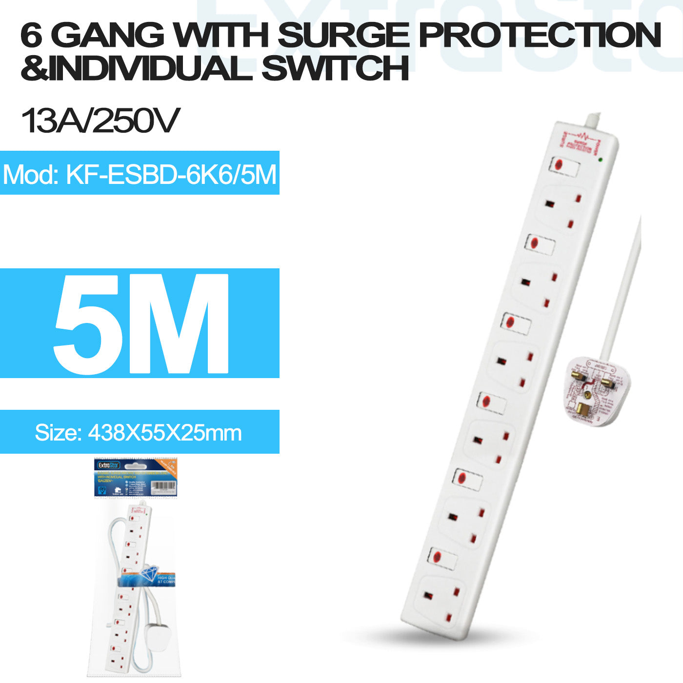 ExtraStar 6 Gang Individually Switched Surge-Protected Extension Lead 5m, Model: KF-ESBD-6K6/5M