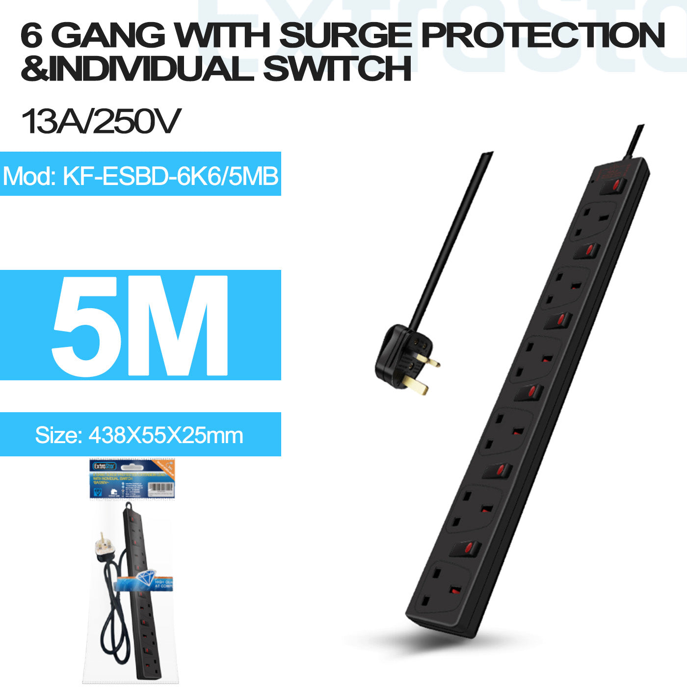 ExtraStar 6 Gang Individually Switched Surge-Protected Extension Lead 5m Black, Model: KF-ESBD-6K6/5MB