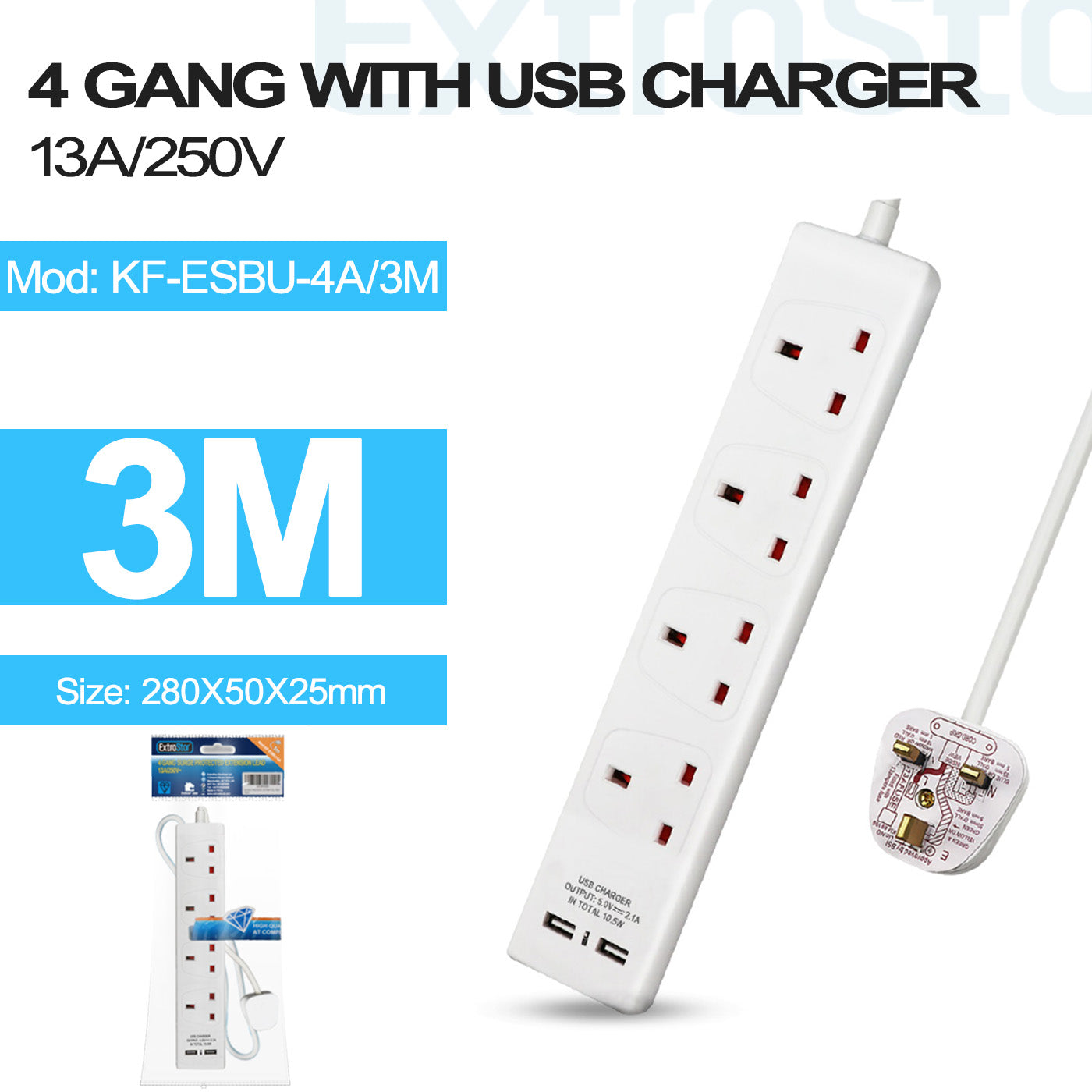 ExtraStar 4 Gang Unswitched Extension Lead with 2 USB Ports 3m, Model: KF-ESBU-4A/3M