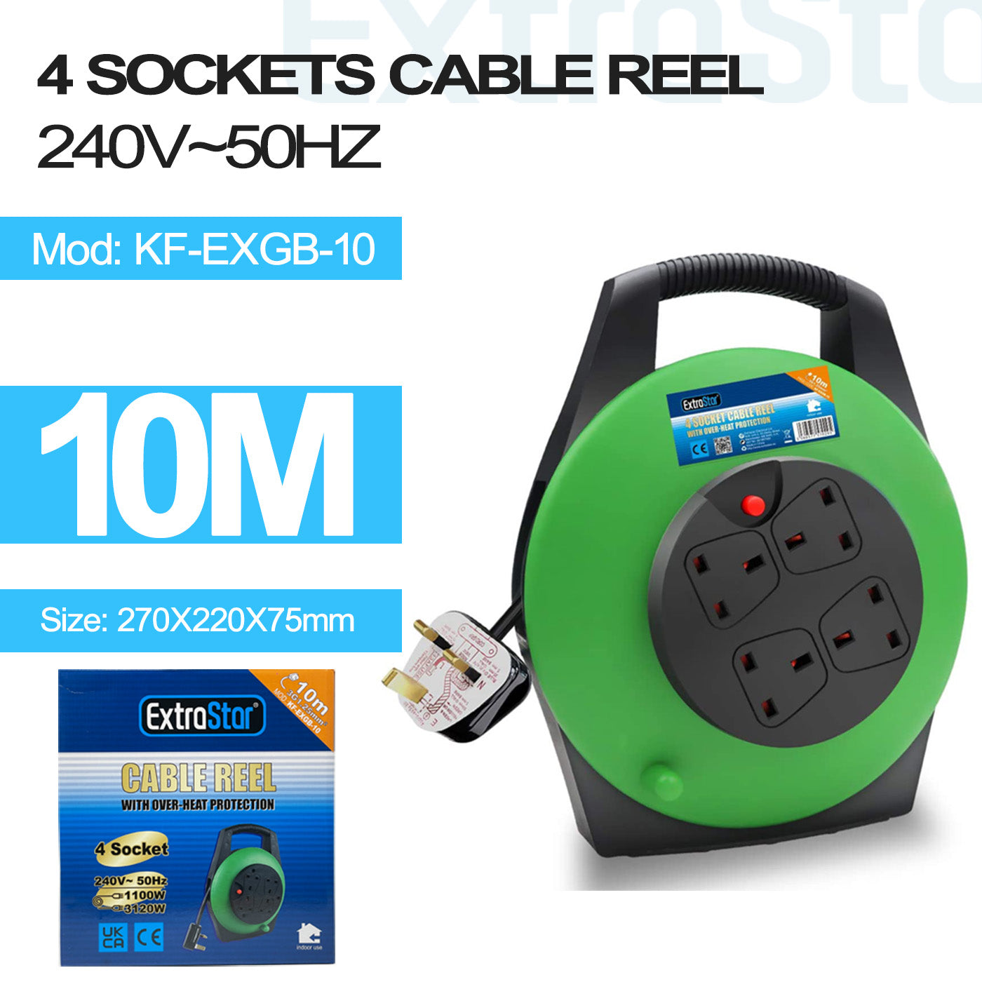 ExtraStar 4 Gang Unswitched Cable Reel 10m - Green, Model: KF-EXGB-10A