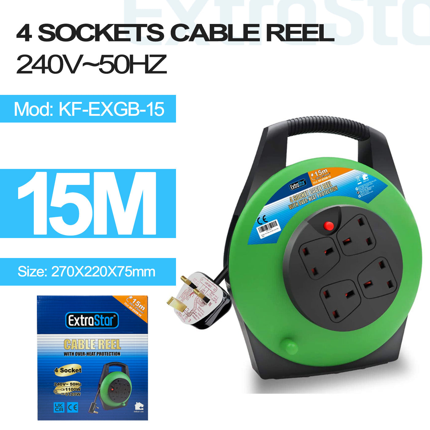 ExtraStar 4 Gang Unswitched Cable Reel 15m - Green, Model: KF-EXGB-15A