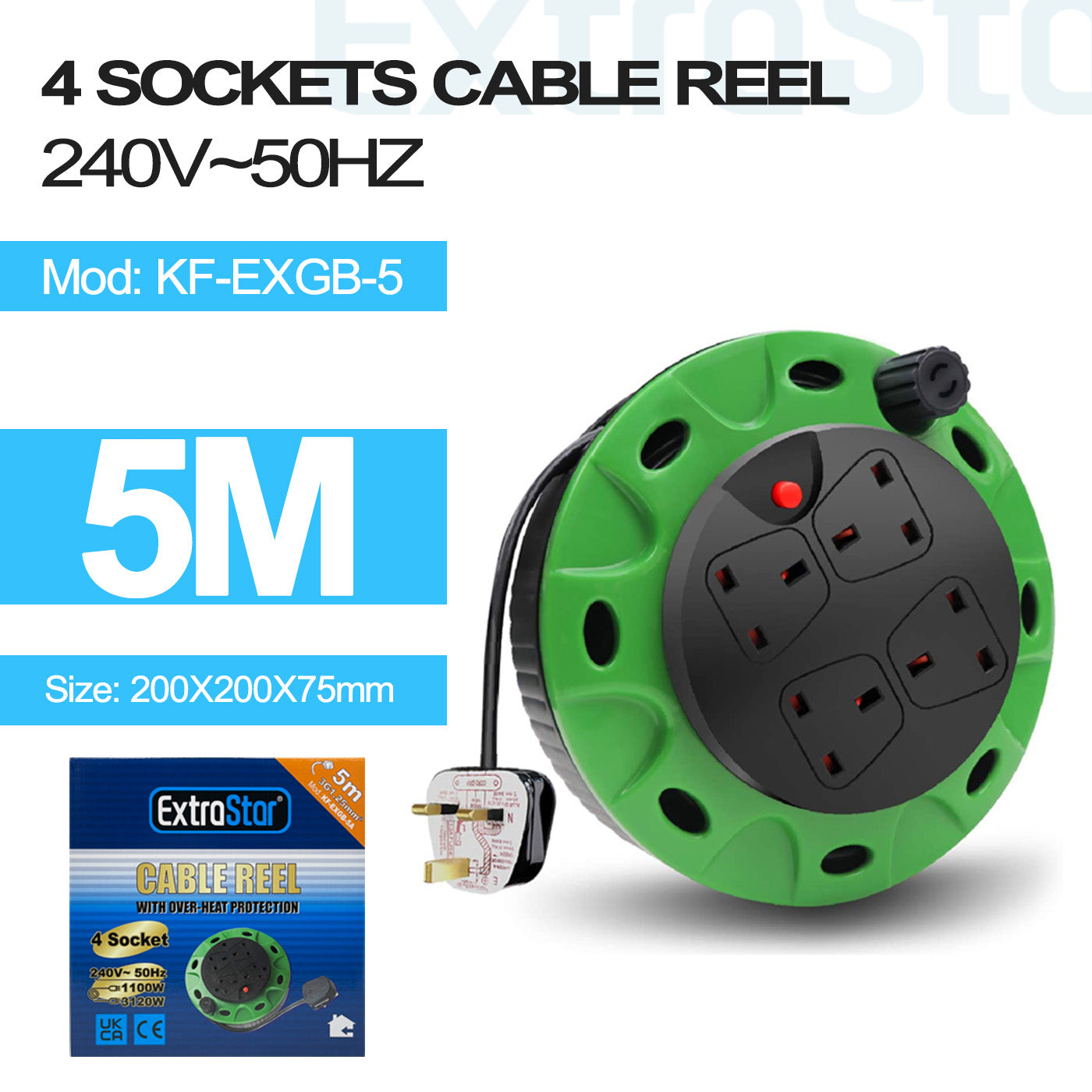 ExtraStar 4 Gang Unswitched Cable Reel 5m - Green, Model: KF-EXGB-5A