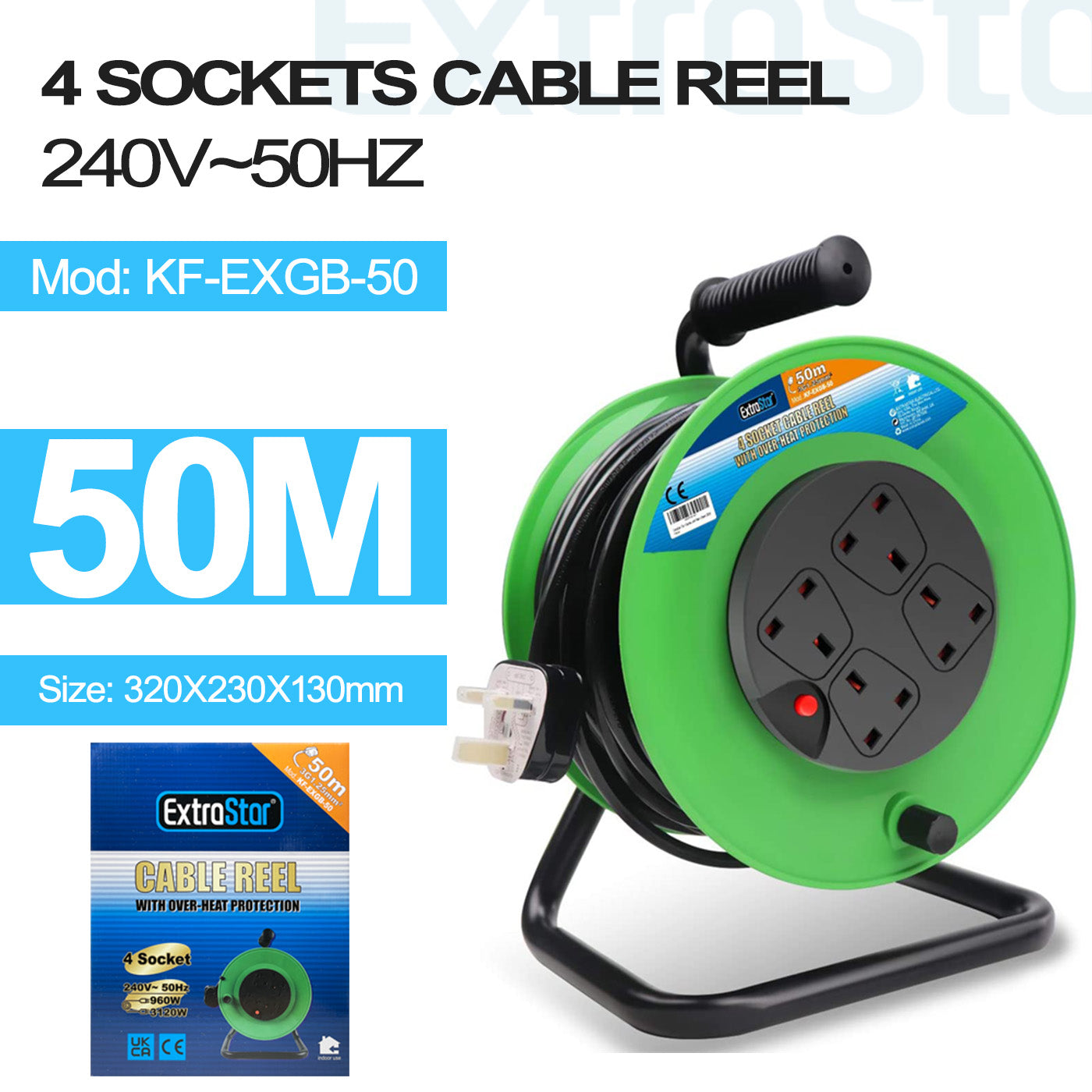 ExtraStar Heavy Duty 4 Gang Unswitched Cable Reel 50m - Green, Model: KF-EXGB-50A