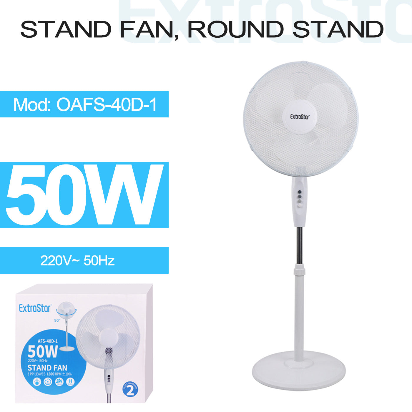 ExtraStar 16 inch Stand Fan, 50W, Round Stand, White, Model: OAFS-40D-1