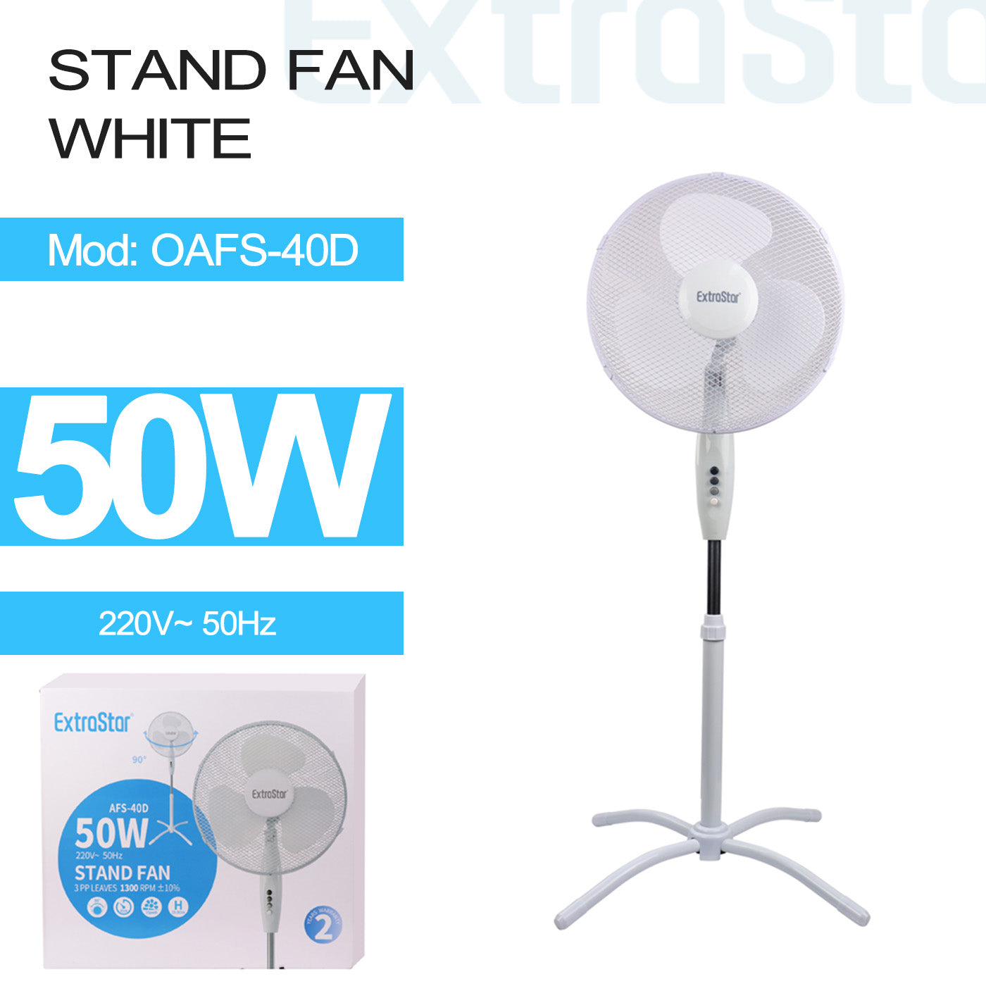 ExtraStar 16 inch Stand Fan, 50W, White, Model: OAFS-40D