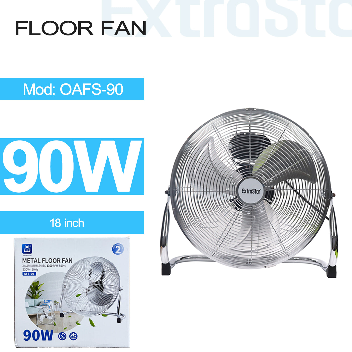 ExtraStar 18 inch Floor Fan, 90W, Model: OAFS-90