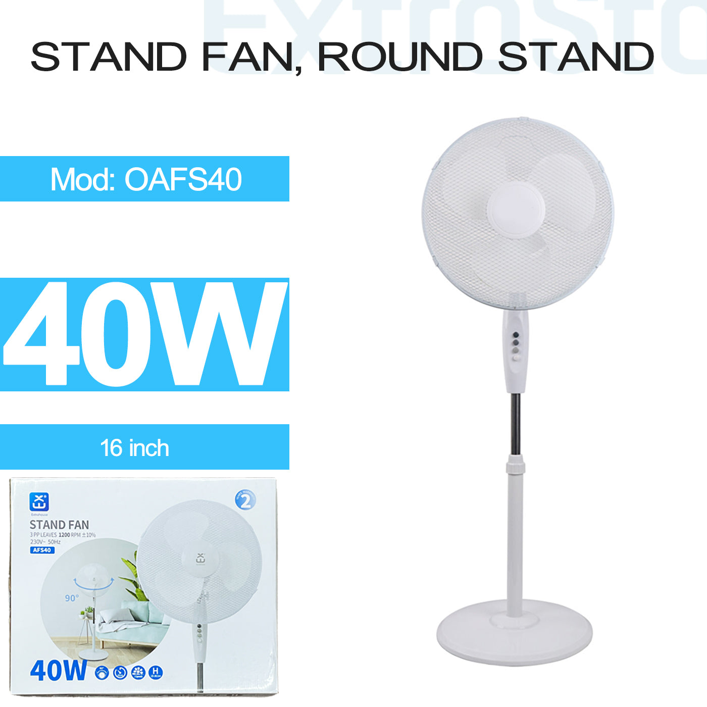 ExtraStar 16 inch Stand Fan, 40W, Round Stand, White, Model: OAFS40