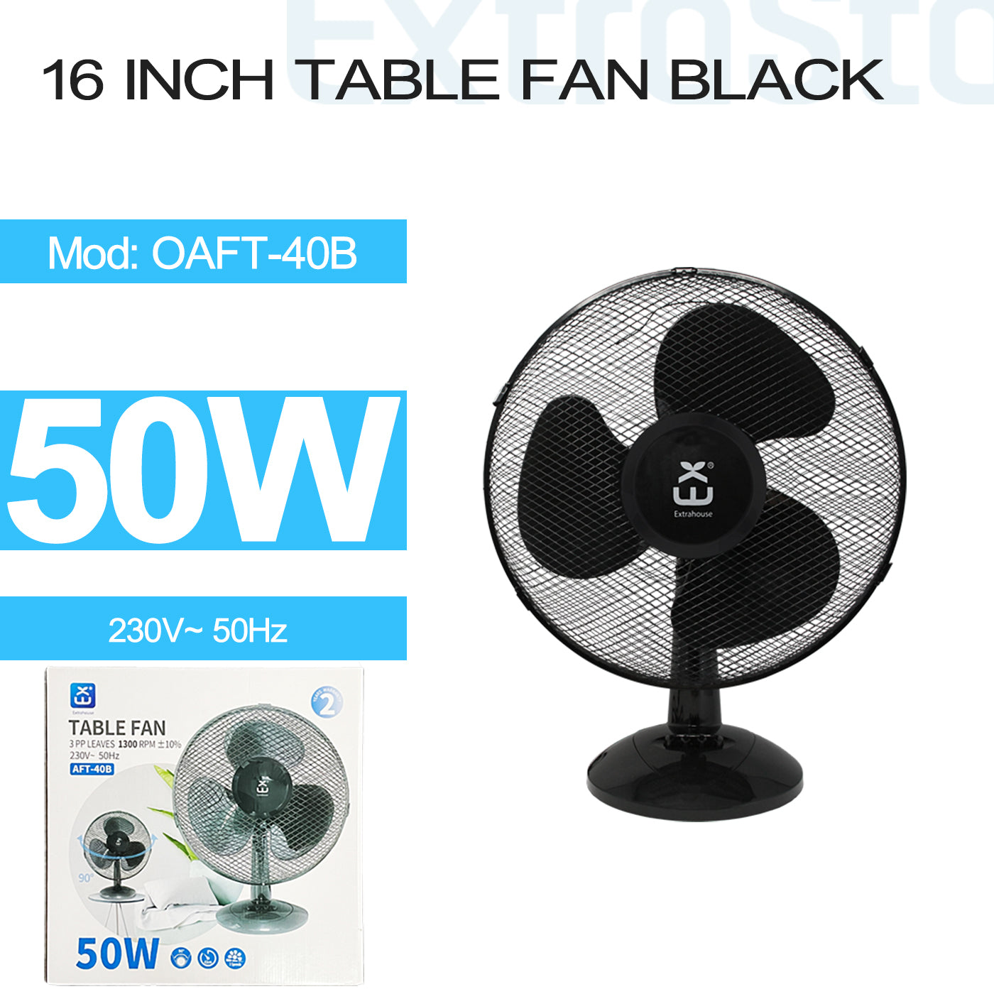 ExtraStar 16 inch Table Fan, 50W, Black, Model: OAFT-40B