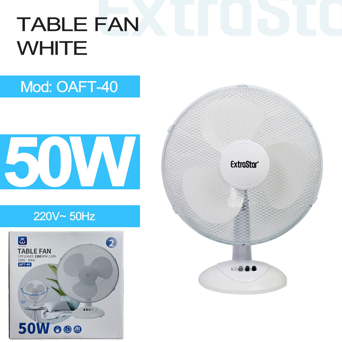 ExtraStar 16 inch Table Fan, 50W, White, Model: OAFT-40