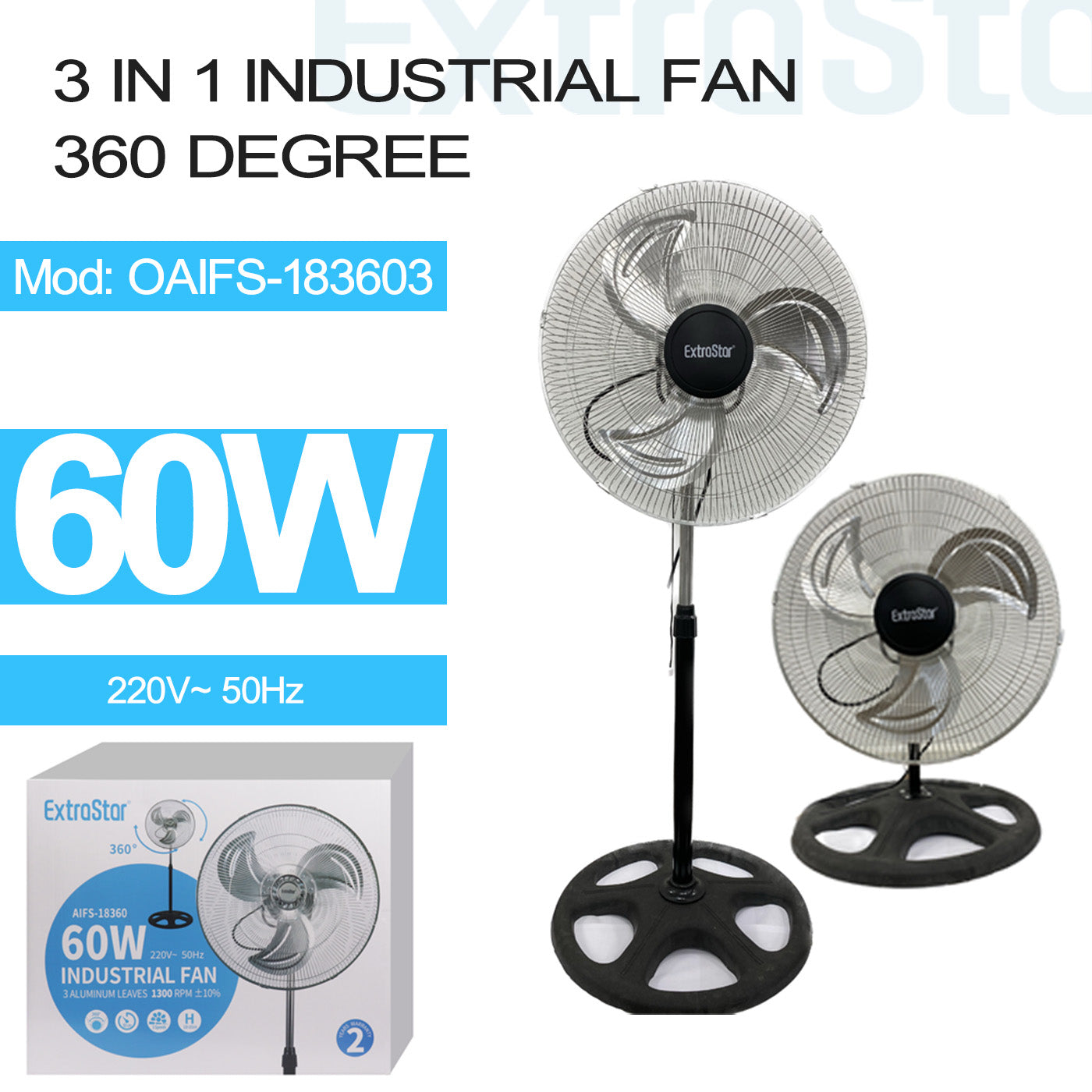 ExtraStar 18 inch 3 in 1 Industrial Fan, 360 degree, 60W, Model: OAIFS-183603)
