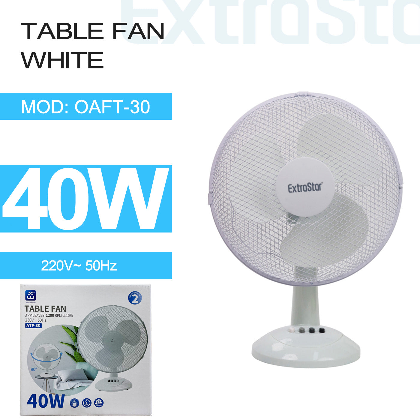 ExtraStar 12 inch Table Fan, 40W, White, Model: OATF-30