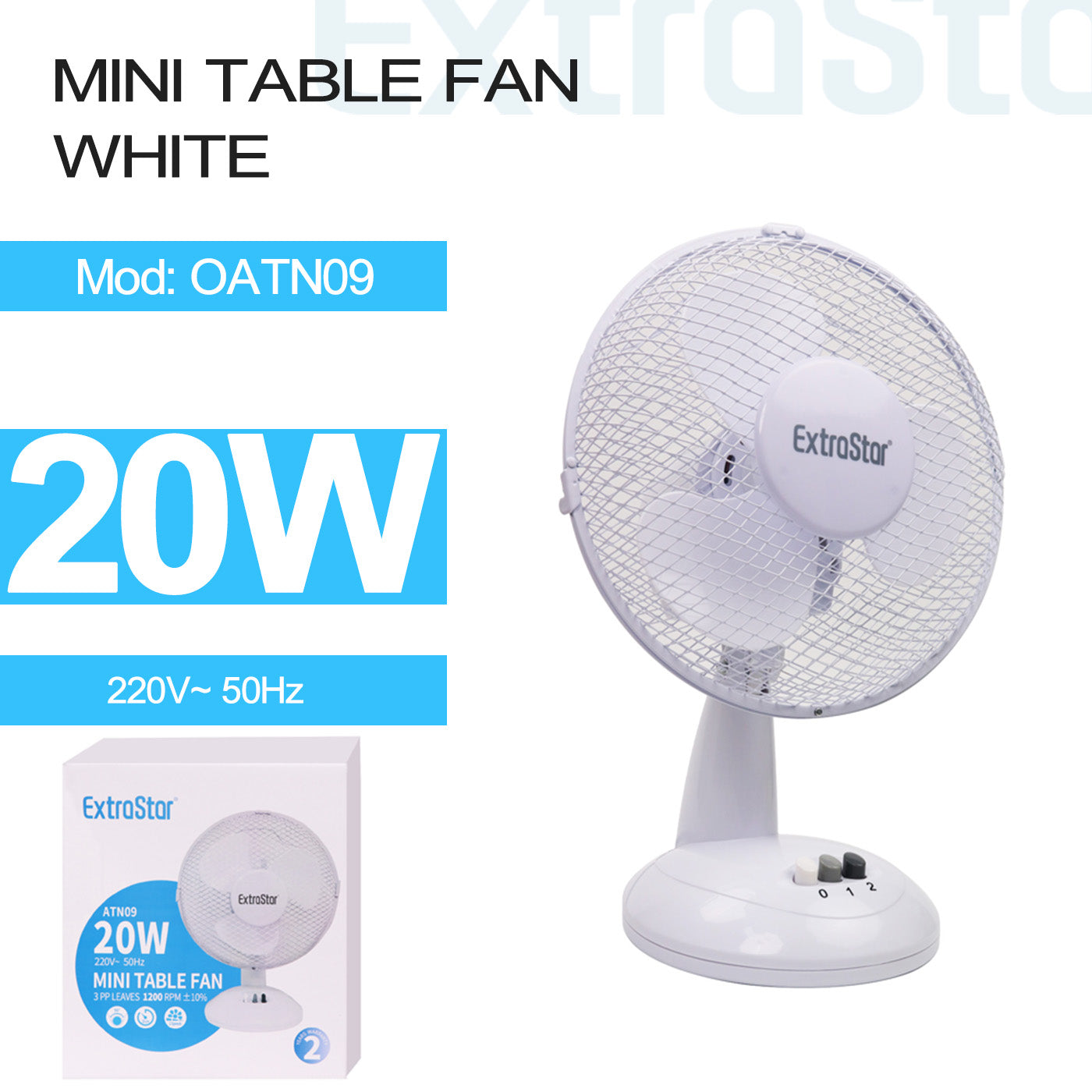 ExtraStar 9 inch Mini Table Fan, 20W, White, Model: OATN09