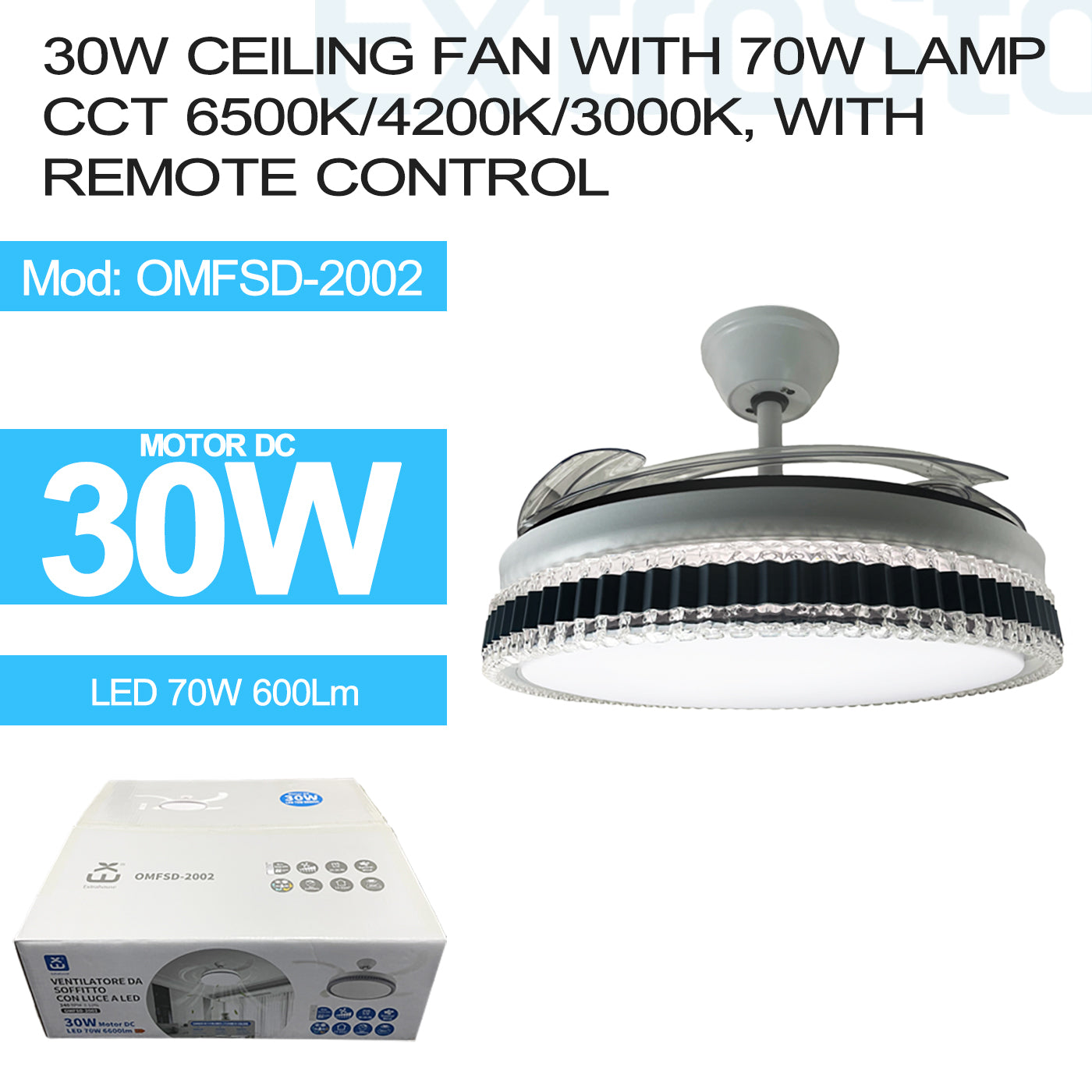 ExtraStar 30W Ceiling Fan with 70W Lamp CCT 6500k/4200k/3000k, with remote control, Model: OMFSD-2002