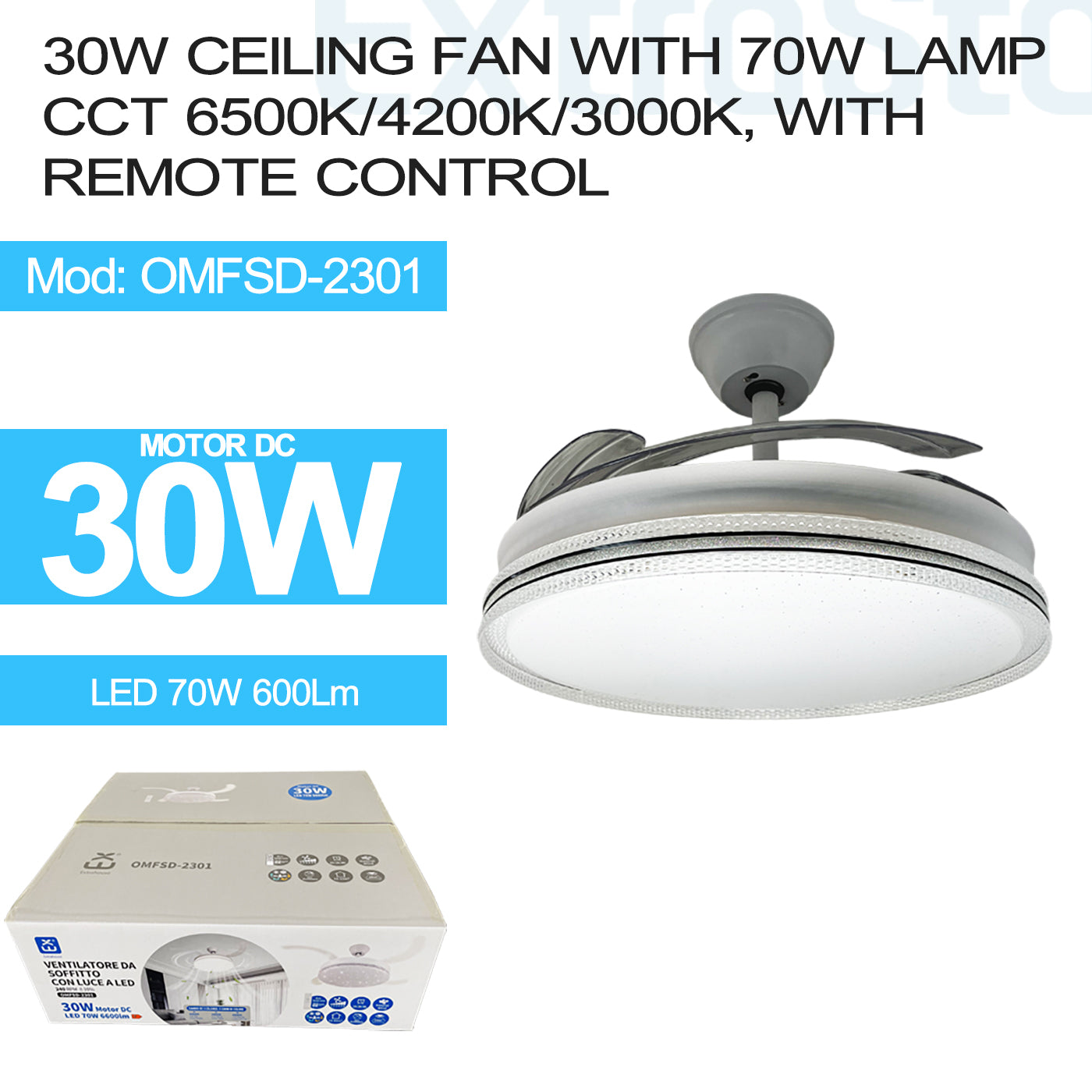 ExtraStar 30W Ceiling Fan with 70W Lamp CCT 6500k/4200k/3000k, with remote control, Model: OMFSD-2301