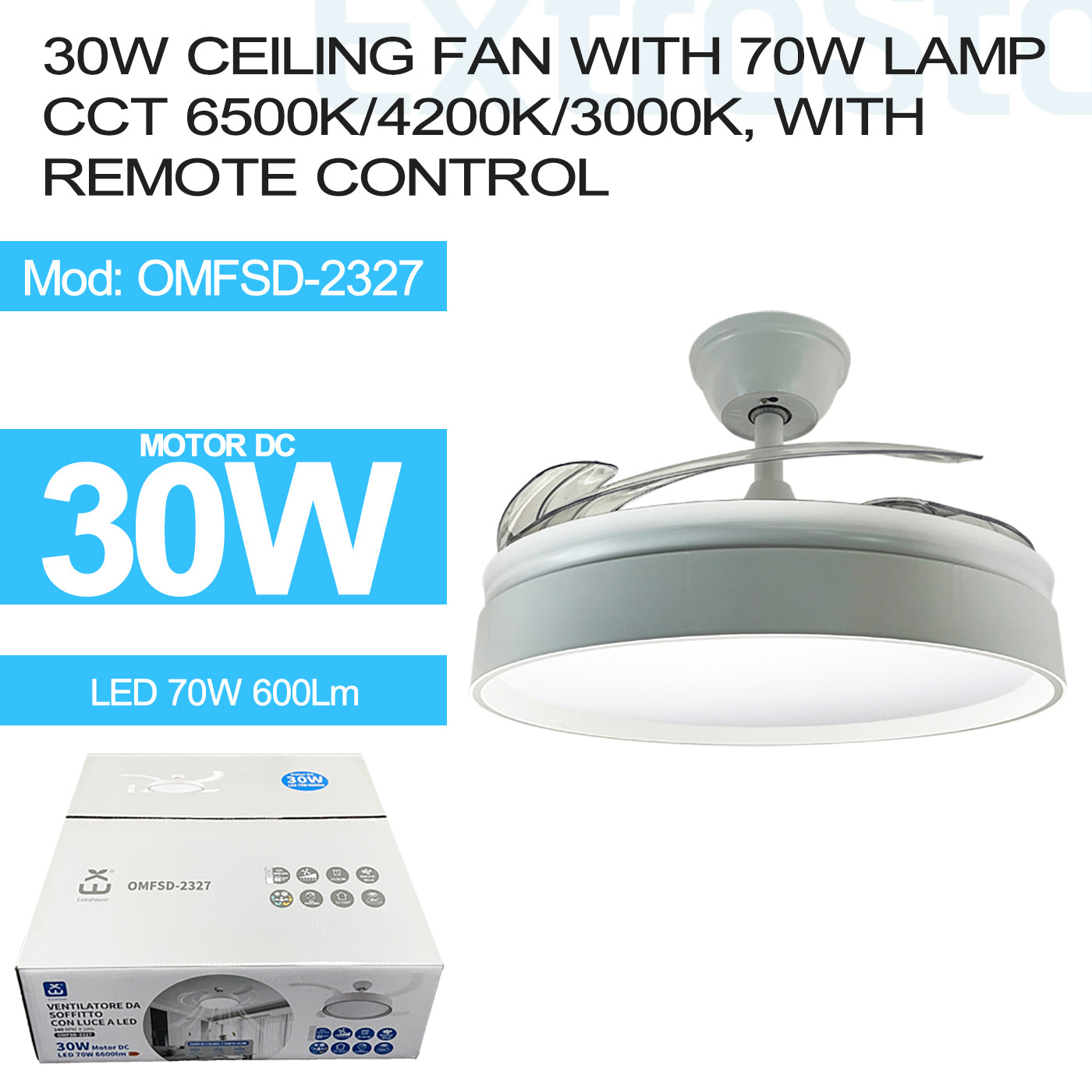 ExtraStar 30W Ceiling Fan with 70W Lamp CCT 6500k/4200k/3000k, with remote control, Model: OMFSD-2327