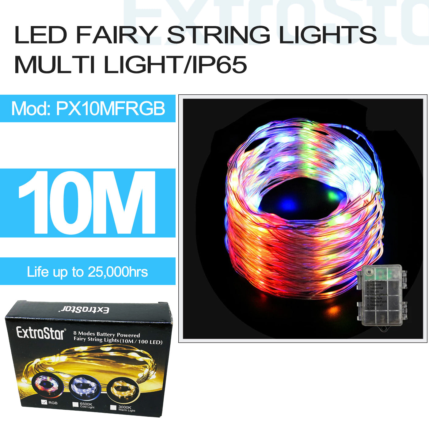 ExtraStar 100 LED Fairy String Lights, Multi Colour, IP65, 10M, Model: PX10MFRGB
