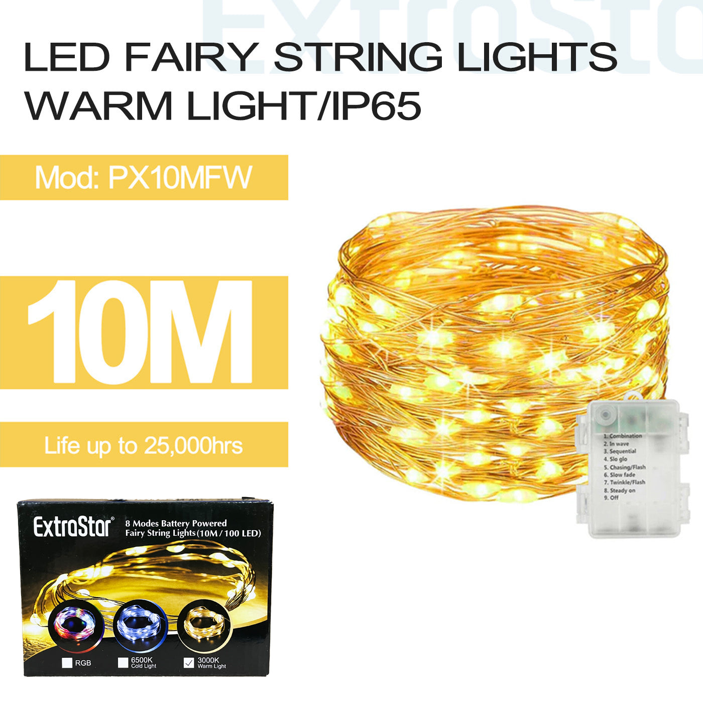 ExtraStar 100 LED Fairy String Lights, Warm Colour, IP65, 10M, Model: PX10MFW