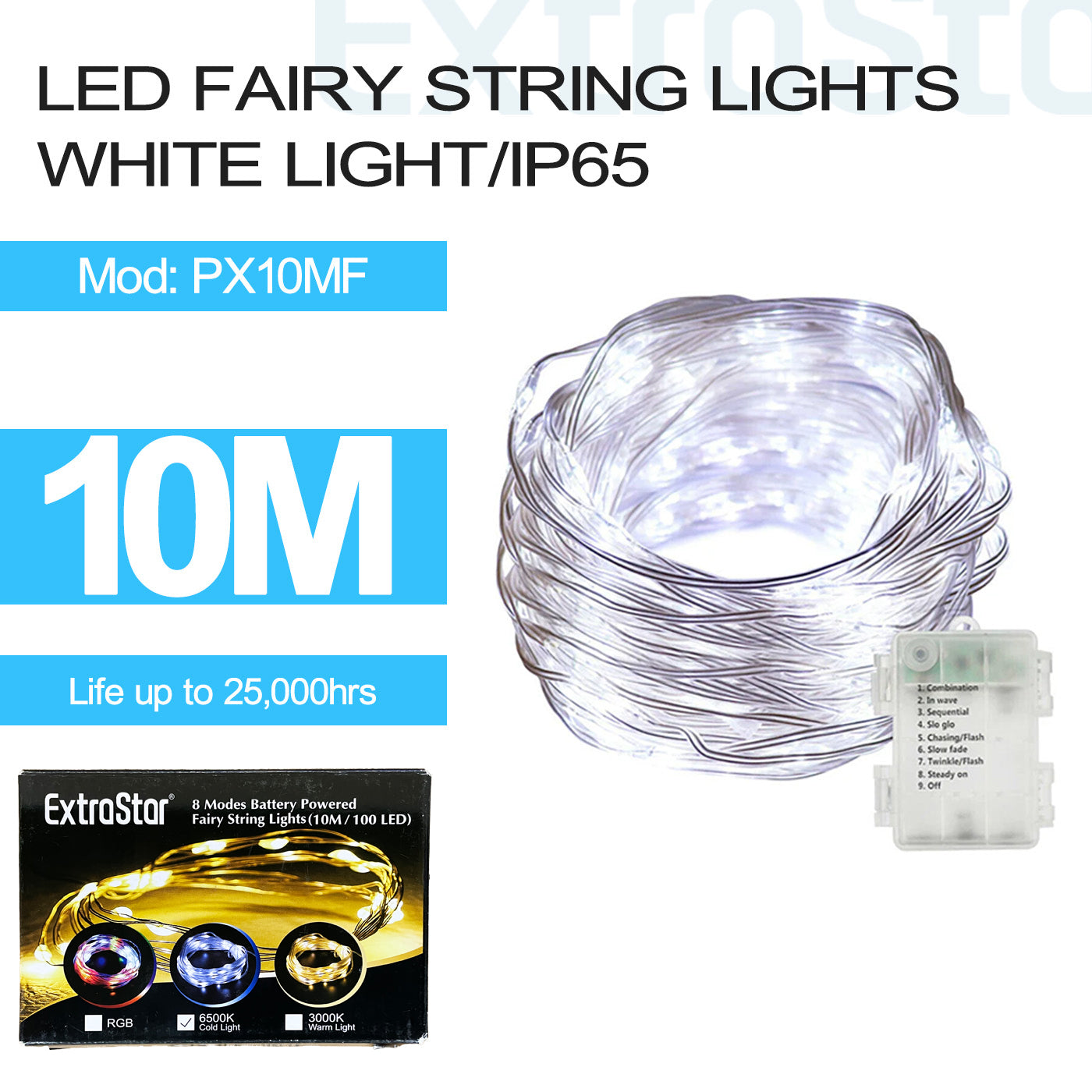 ExtraStar 100 LED Fairy String Lights, White Colour, IP65, 10M, Model: PX10MF
