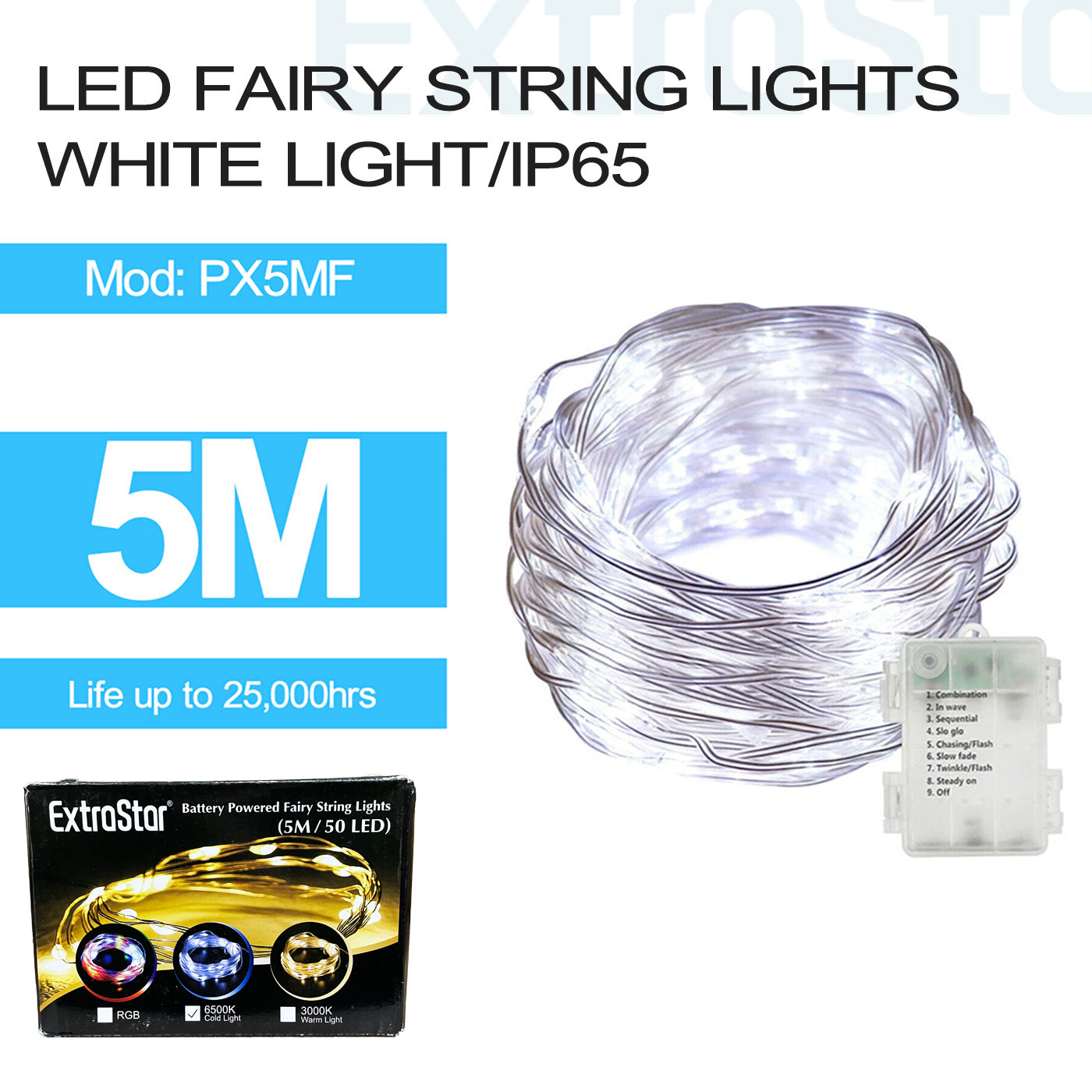 ExtraStar 0 LED Fairy String Lights, White Colour, IP65, 5M, Model: PX5MF