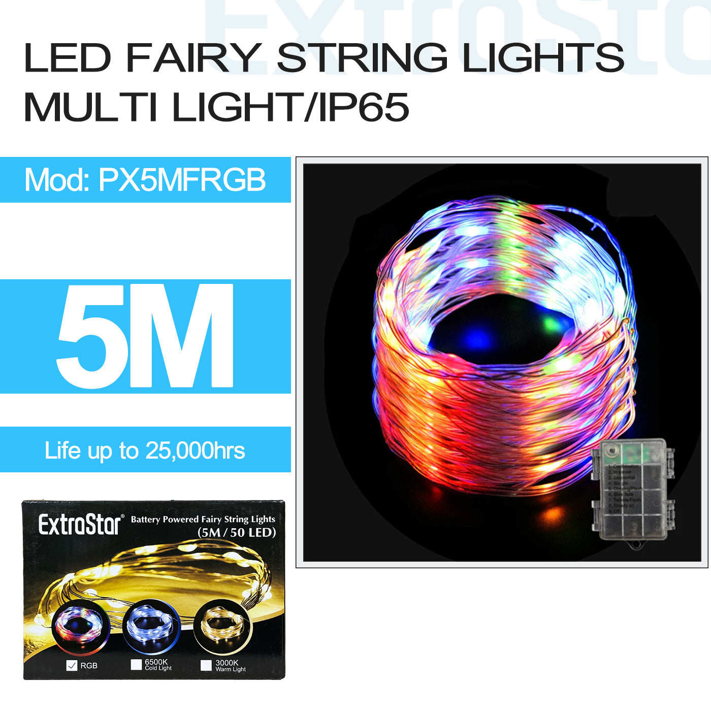ExtraStar 50 LED Fairy String Lights, Multi Colour, IP65, 5M, Model: PX5MFRGB